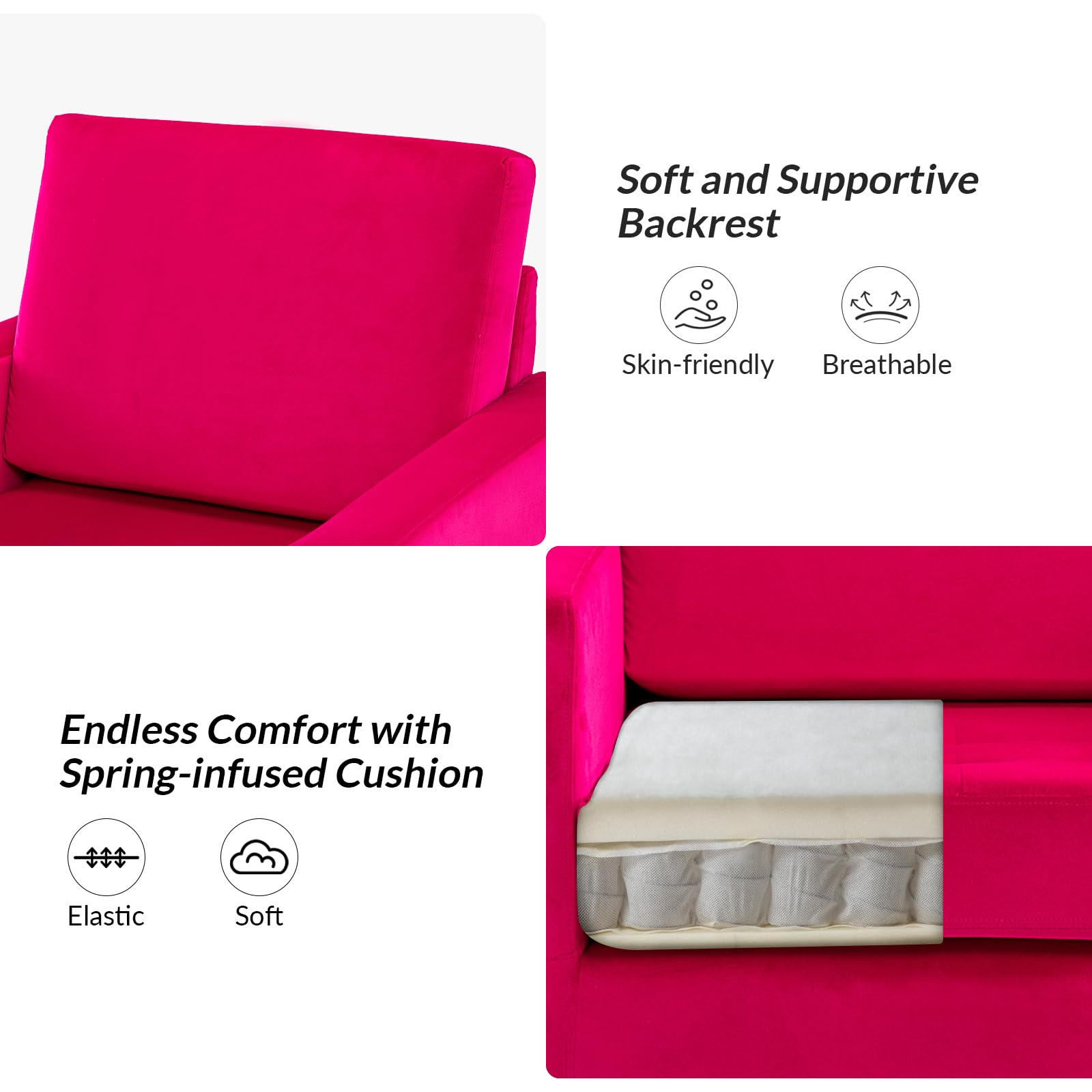 HULALA HOME Modern Velvet Accent Armchair with Back & Seat Cushions - Comfortable Upholstered Club Chair with Sturdy Metal Legs - Tufted Sofa Chair for Living Room, Bedroom, Office - Fuchsia Pink Lounge Chair for Relaxing & Reading