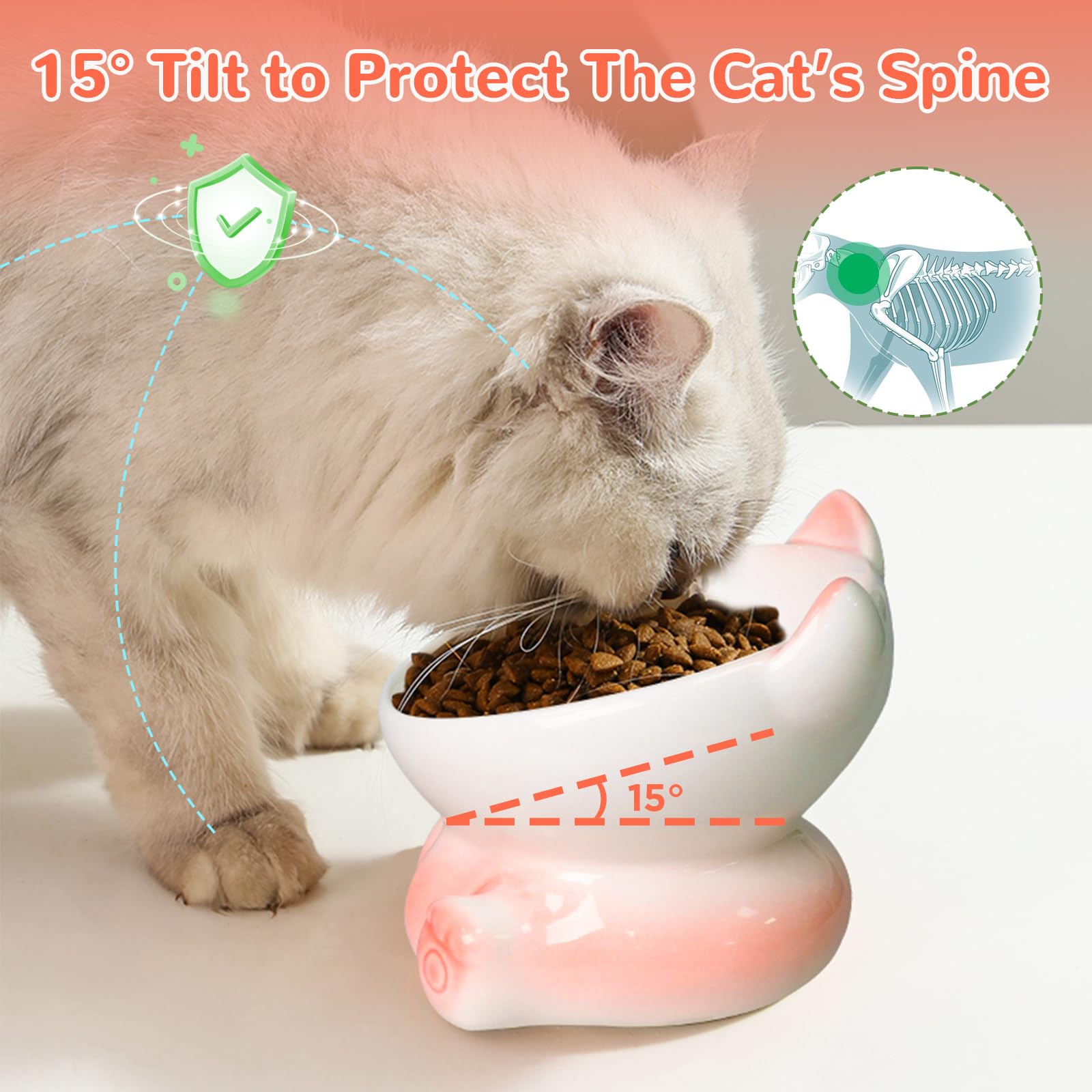 Elevated Cat Bowls for Indoor Cats - Whisker-Friendly Tilted Ceramic Cat Food Dish with Gradient Design (White & Pink) - Perfect for All Ages, Reduces Neck Strain & Messy Eating - Ideal for Small Spaces, Kitchen Countertops or Pet Feeding Stations