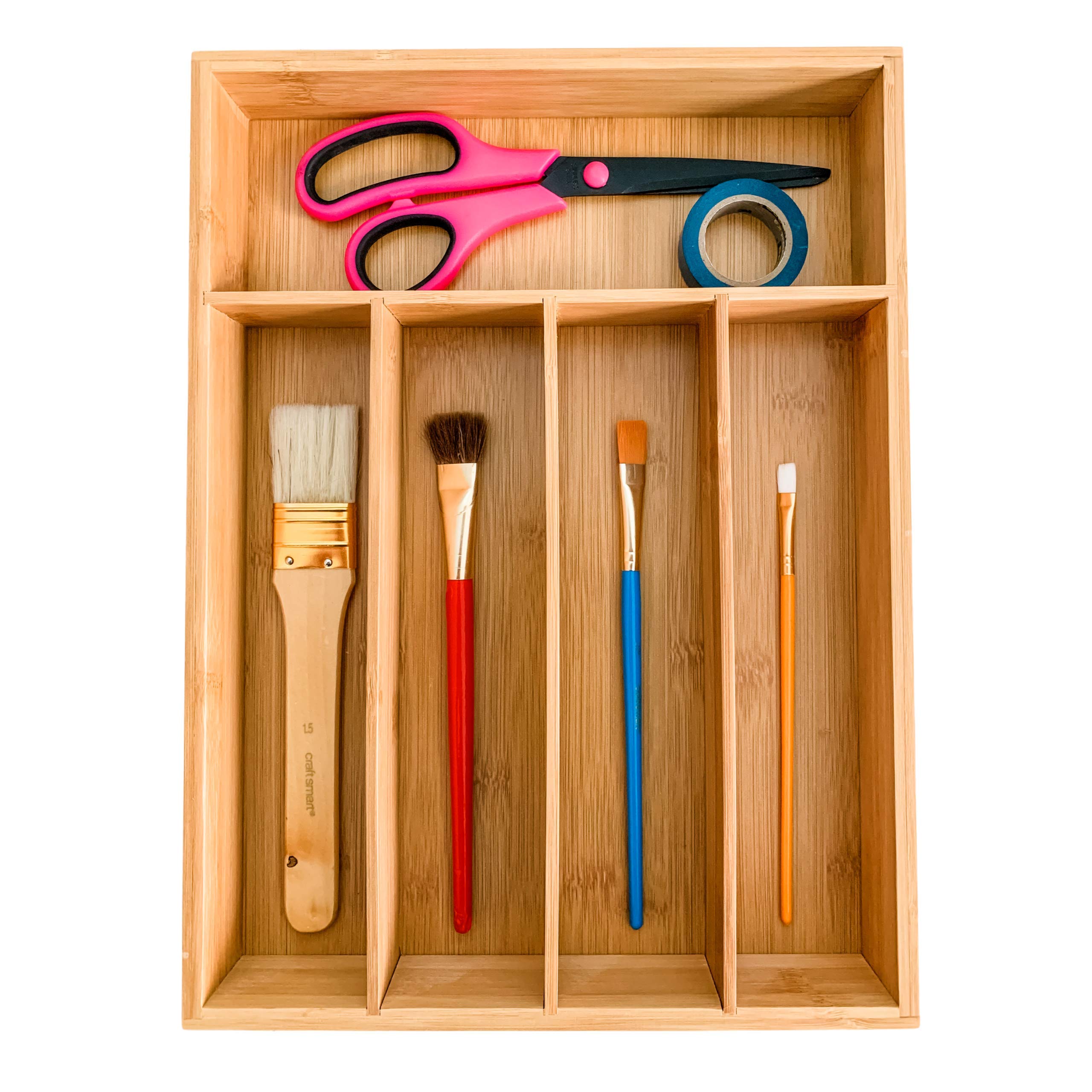 Premium Bamboo Drawer Organizer - 100% Organic 5-Compartment Cutlery & Utensil Tray for Kitchen, Bathroom, Office Desk - Perfect for Organizing Knives, Spoons, Makeup Brushes & Office Supplies