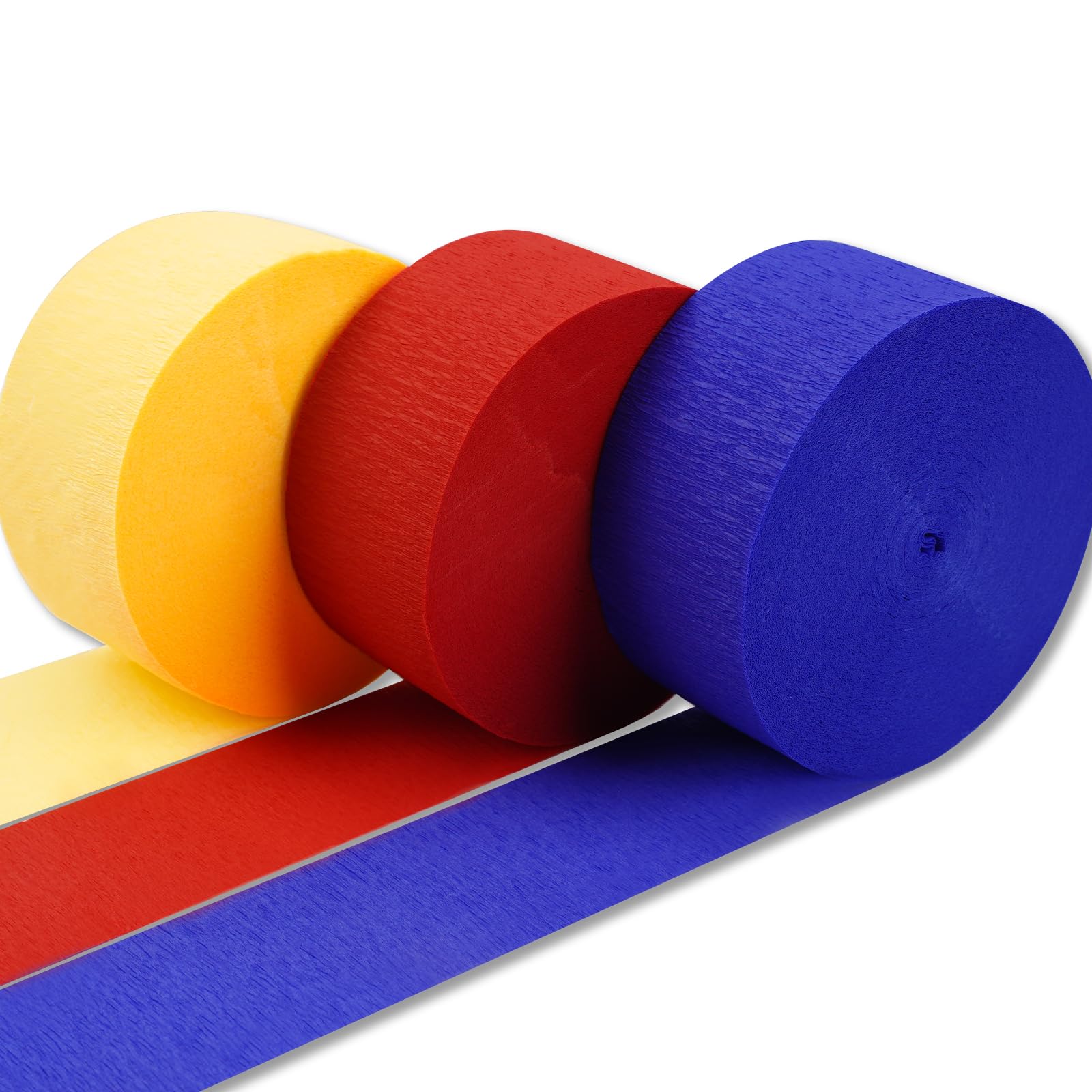 PartyWoo Crepe Paper Streamers 3 Rolls (393ft Total) - Blue, Red, Yellow Birthday Party Decorations for Baby Showers, Weddings & DIY Crafts (1.8