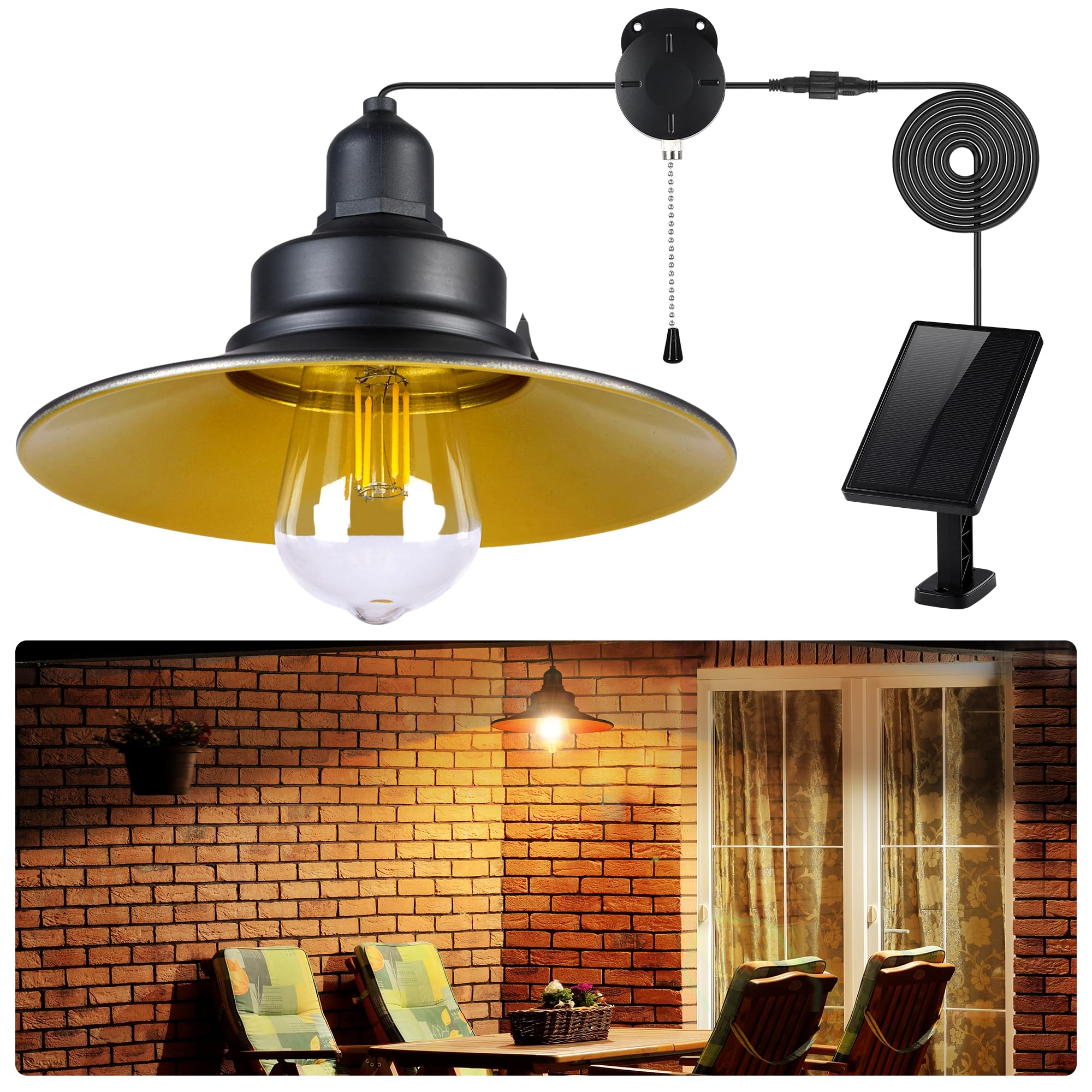 Solar Powered Pendant Light - IP65 Waterproof Metal Hanging Chandelier for Indoor & Outdoor Use - Perfect for Garden, Gazebo, Barn, Chicken Coop & Shed Lighting with Easy Pull Cord