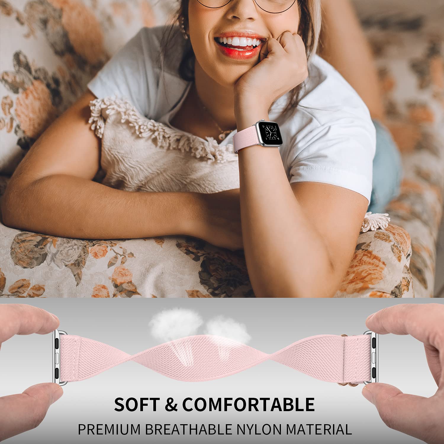 OXWALLEN Stretchy Nylon Solo Loop Band Compatible with Apple Watch Series 9/8/7/6/5/4/3 SE Ultra 2/1 (49mm 45mm 44mm 42mm) - Adjustable Elastic Strap with Stainless Steel Adapter for iWatch in Pink Sand | Perfect for Workouts, Running & Everyday Wear