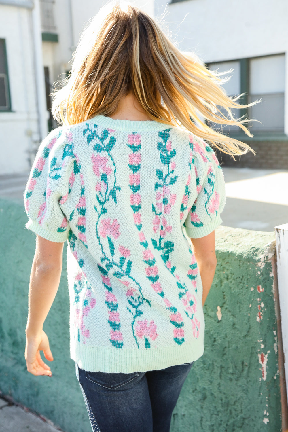 All For Love Mint Jacquard Floral Bubble Sleeve Sweater Top | Women's Fashion Knitwear | Perfect for Date Night & Fall Layering