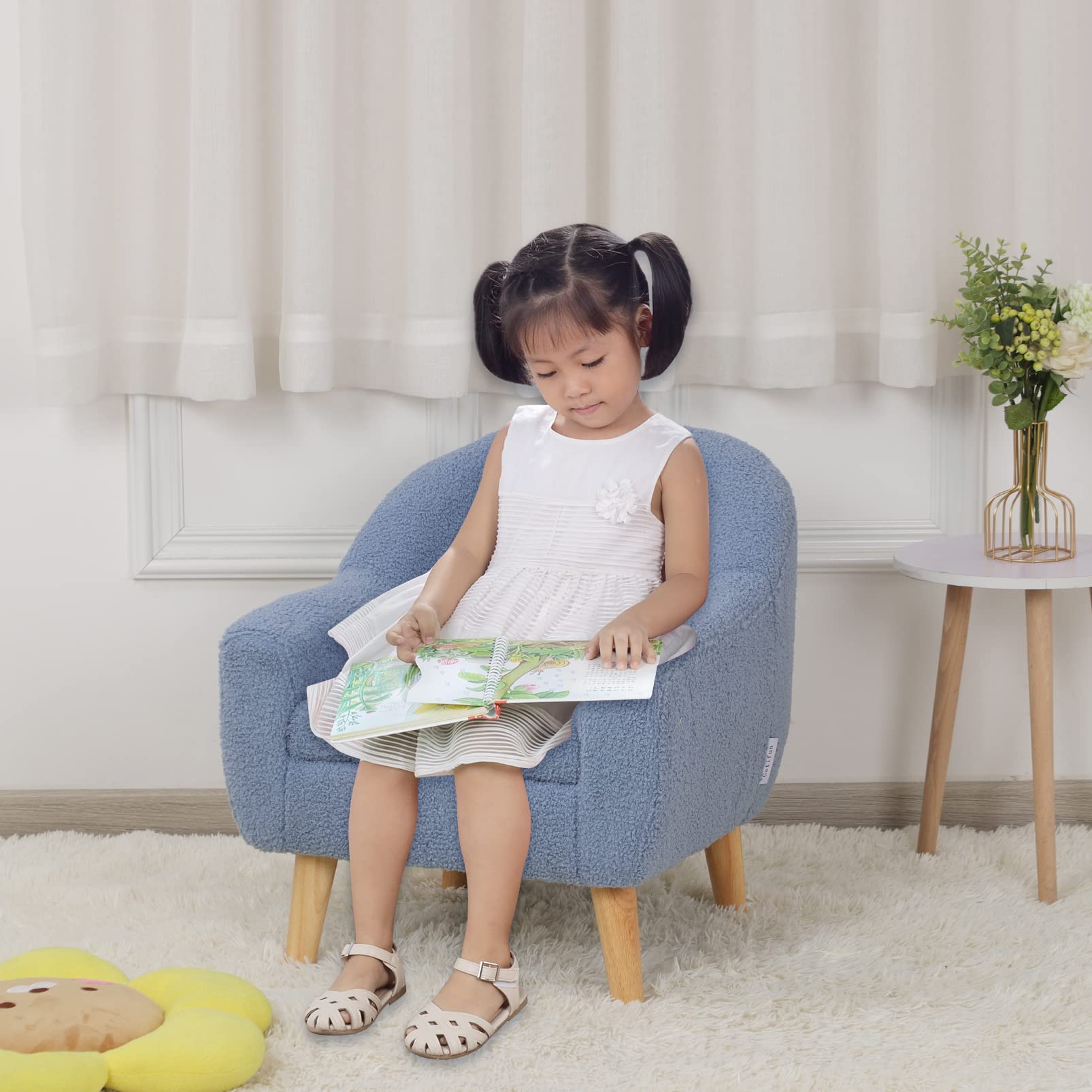**Velvet Upholstered Kids Sofa Chair with Wooden Legs - Soft & Durable Toddler Couch for Playroom, Nursery, or Bedroom - Perfect Gift for Boys & Girls (Blue)**    *(Use Case: Ideal for reading nooks, playtime, or cozy TV watching in kids' rooms!)*