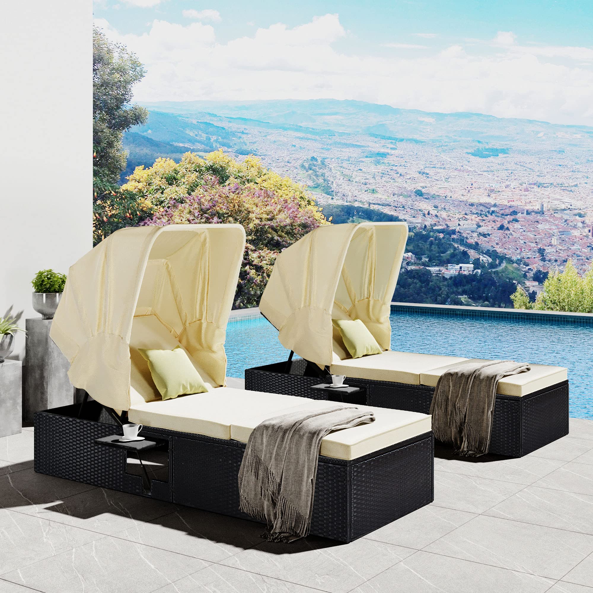 LZ LEISURE ZONE Patio Chaise Lounge - Outdoor Reclining Lounge Chair with Removable Cushions, Adjustable Canopy & Cup Holder - Beige - Perfect for Poolside Relaxation, Backyard Lounging & Sunbathing