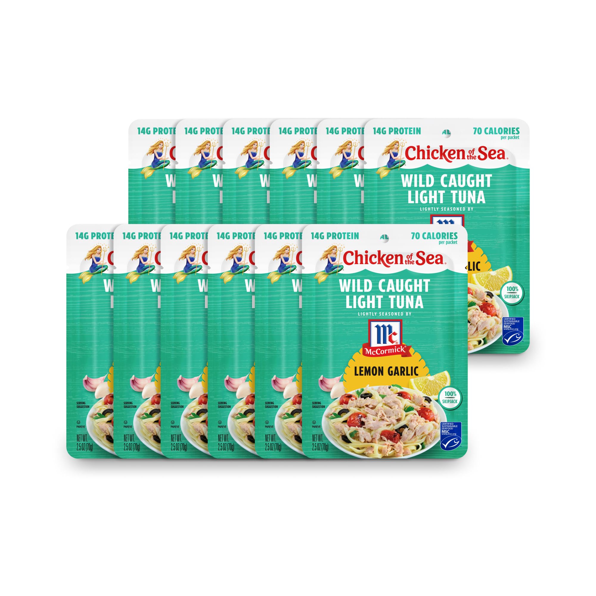 Chicken of the Sea Wild Caught Light Tuna in Lemon Garlic, 2.5 oz Pouch (Pack of 12) - Premium Canned Tuna for Salads, Sandwiches & Healthy Snacks