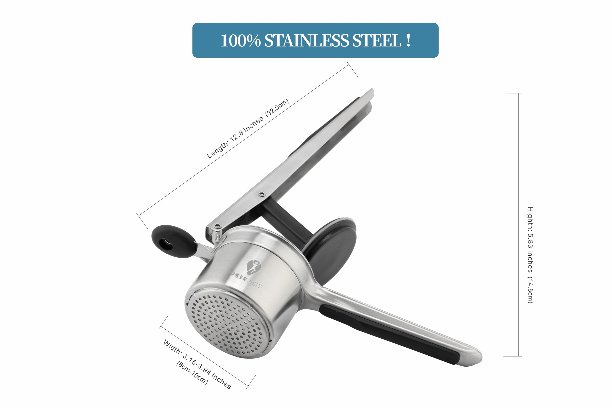 DOERVISIT Stainless Steel Potato Ricer with Secure Catch System - Prevents Disc Displacement When Lifting - Perfect for Mashed Potatoes, Baby Food & Purees - Heavy Duty Kitchen Tool for Home Chefs