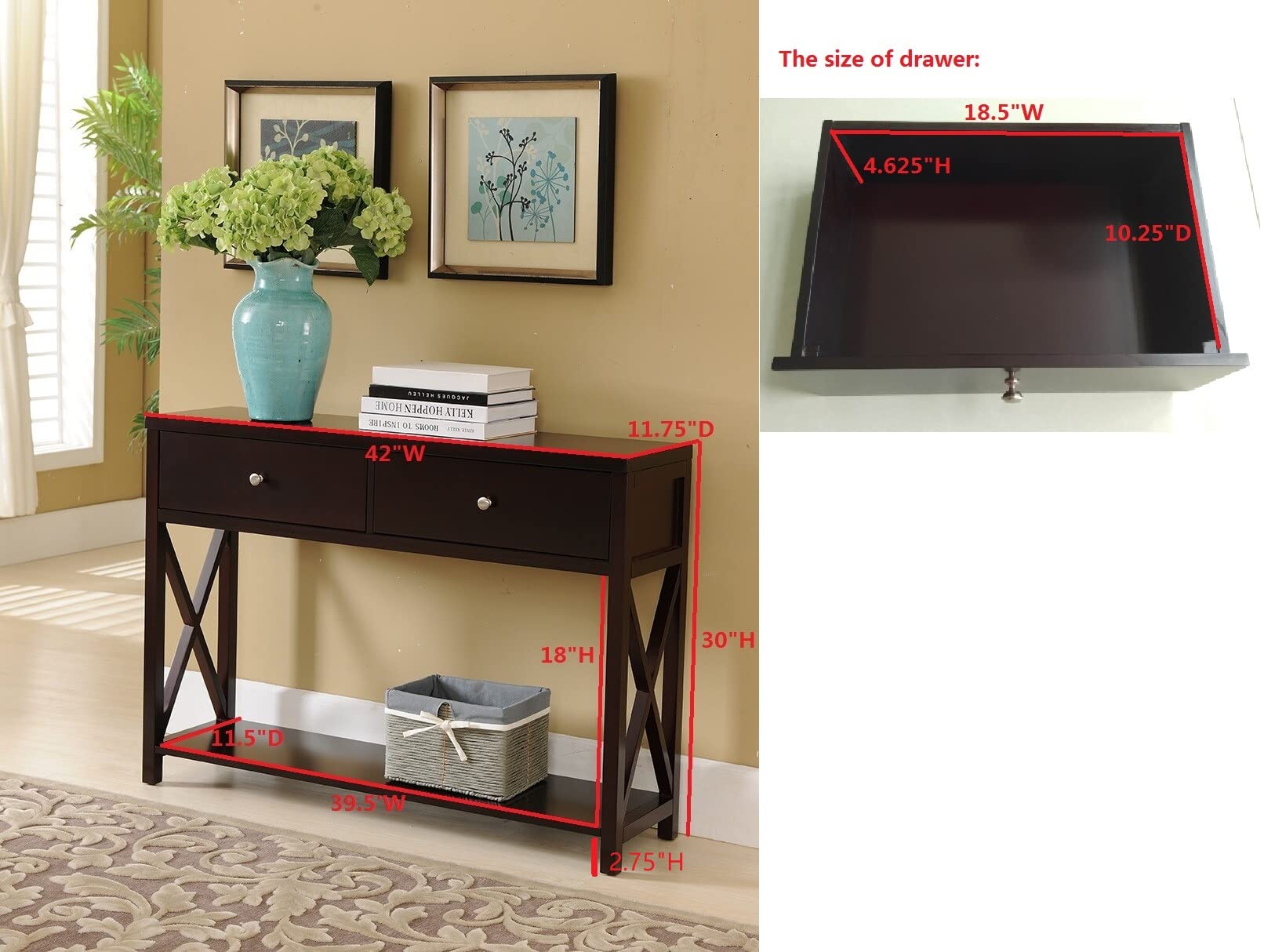 KB Designs - 2-Drawer Wooden Console Table for Entryway, Living Room, Hallway | Cherry Finish | Perfect for Small Spaces & Home Decor