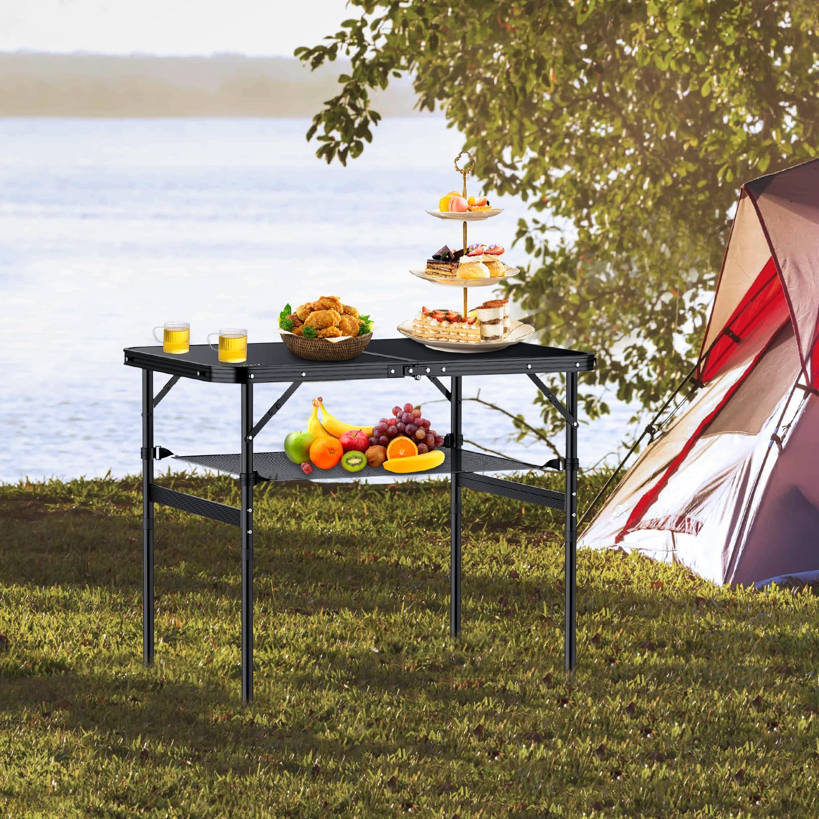Anbte Folding Camping Table with Storage Net - Adjustable Height 26.4