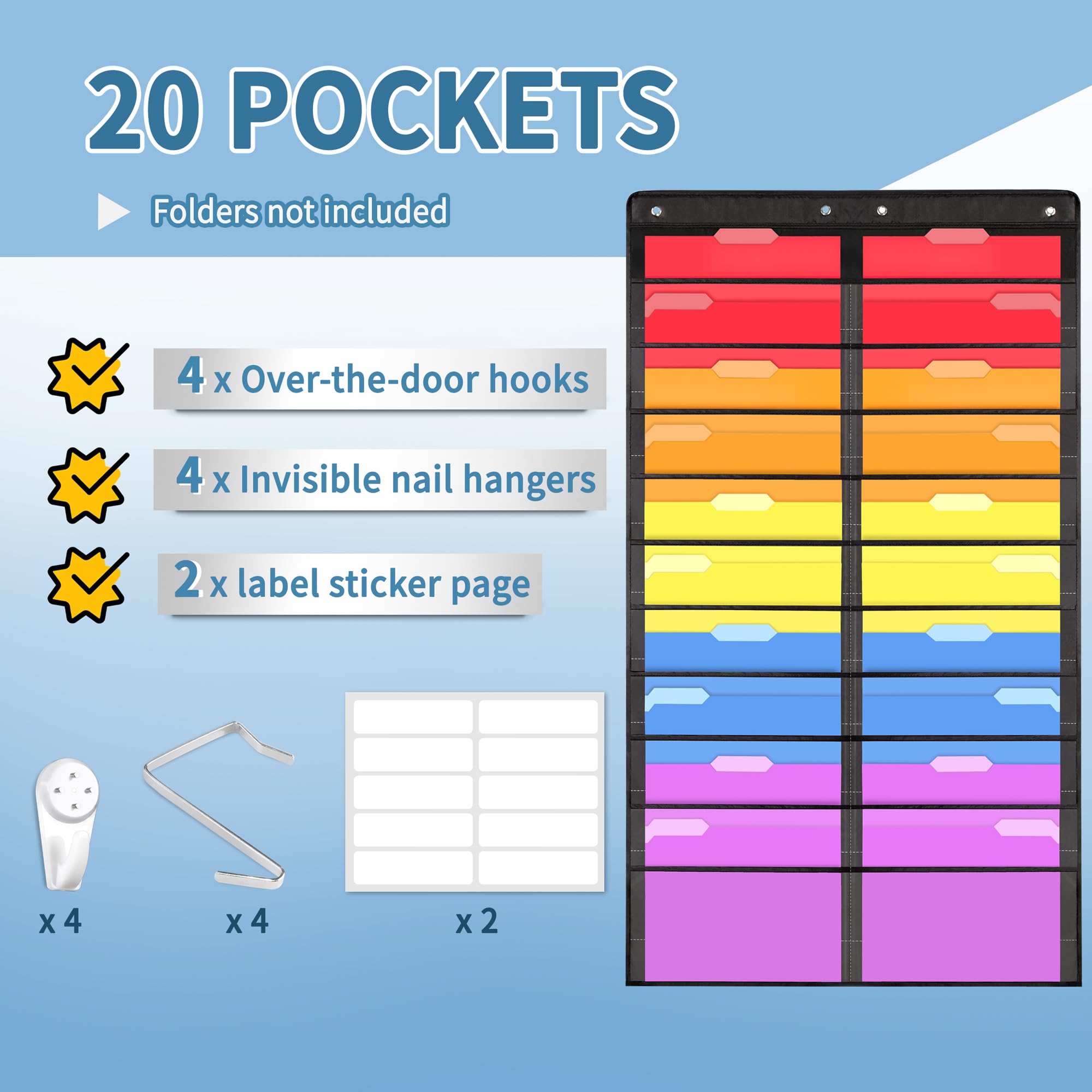 Annecy 20 Clear Pockets Hanging Wall File Organizer - Space Saving Storage Pocket Chart for Office & Classroom - Holds File Folders, Papers & Documents - Includes Wall Hangers & Over Door Hooks - Perfect for Teacher Organization & Home Office Storage