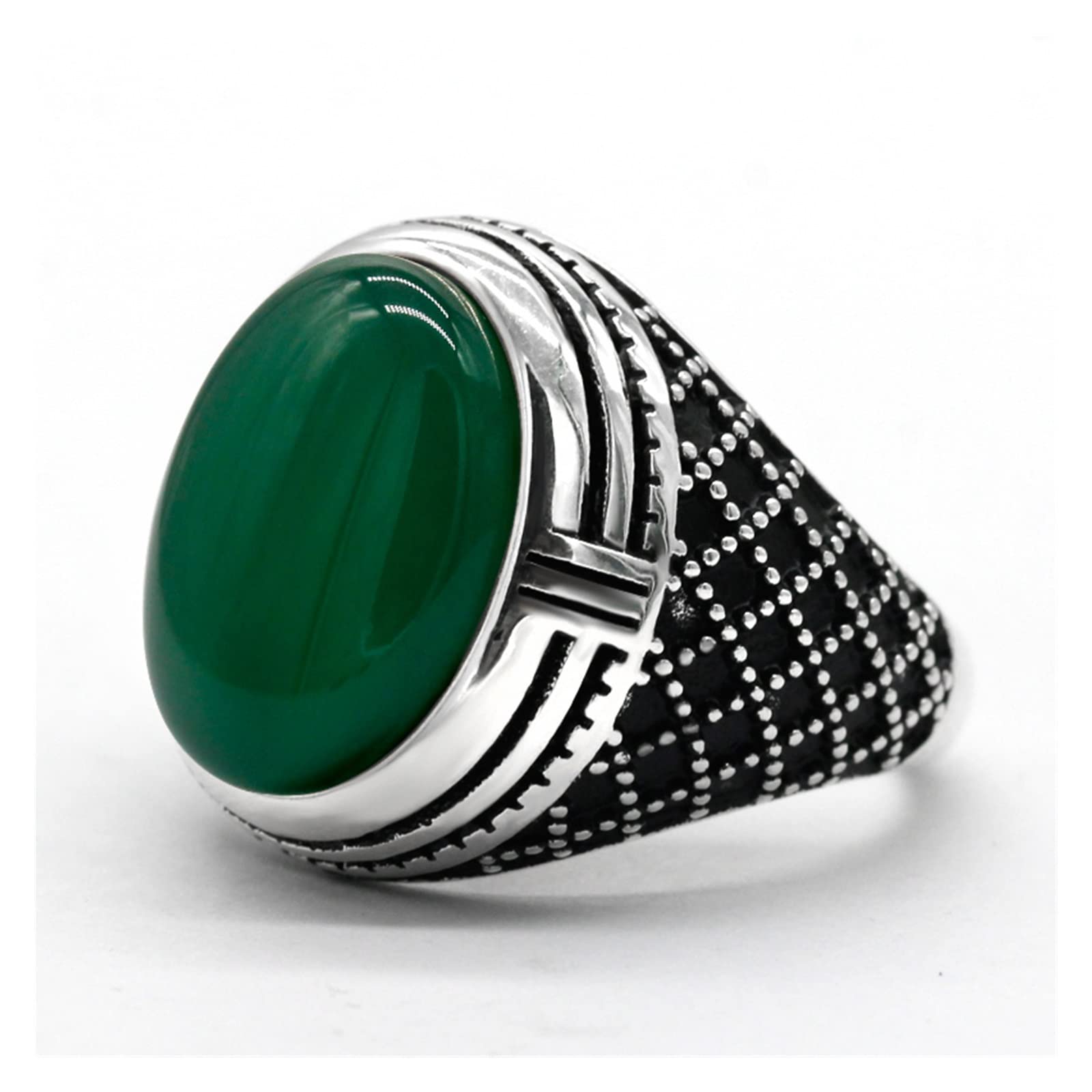 Vintage Big Oval Natural Green Agate Stone Men's Ring - 925 Sterling Silver Retro Wedding Band for Men - Punk Turkish Jewelry - Size 8 - Perfect for Weddings, Parties & Gothic Fashion