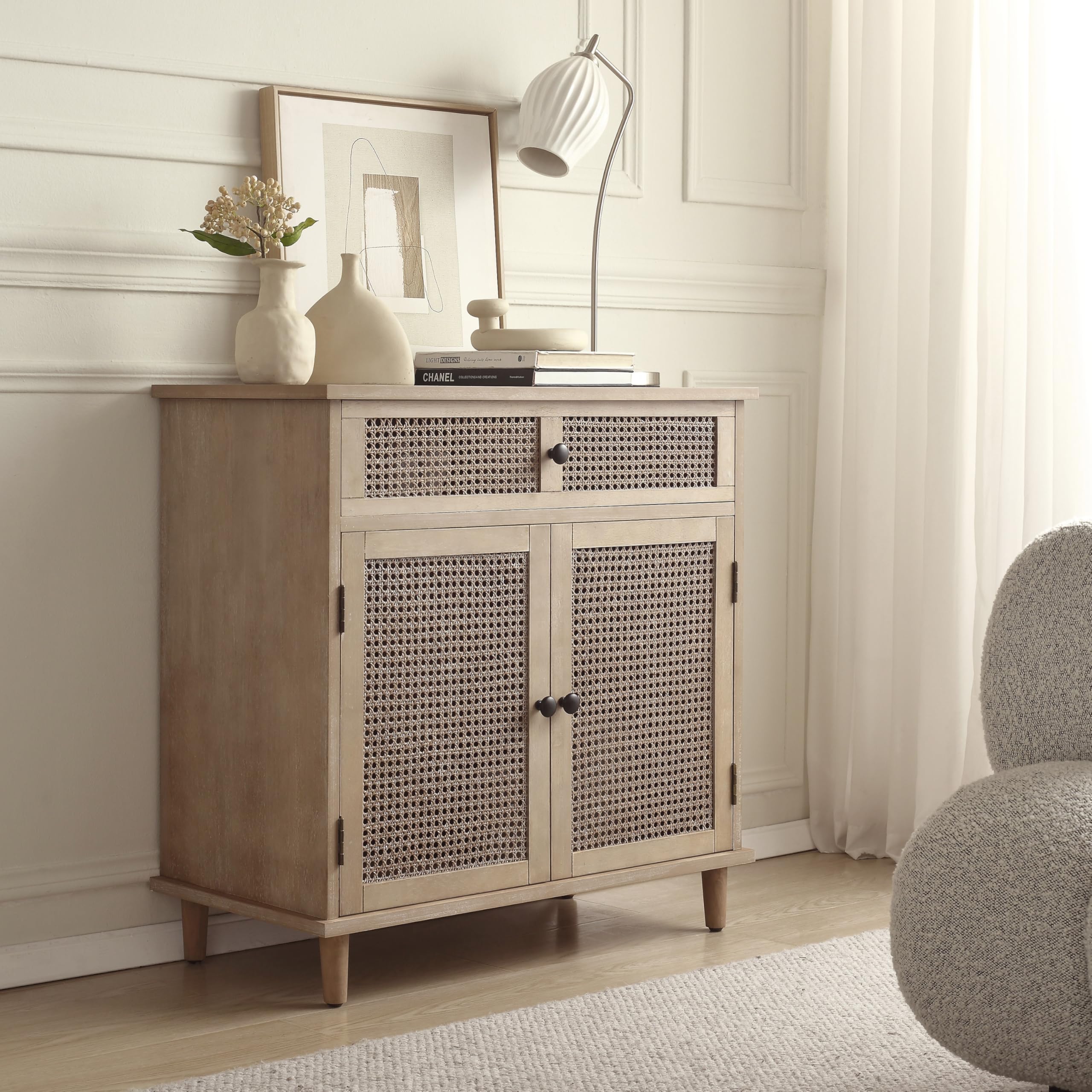Zouron Woven Rattan Accent Cabinet with 2 Drawers - Modern Sideboard Storage for Entryway, Living Room & Hallway - Perfect for Home Decor, Organizing Blankets & Displaying Decor Items