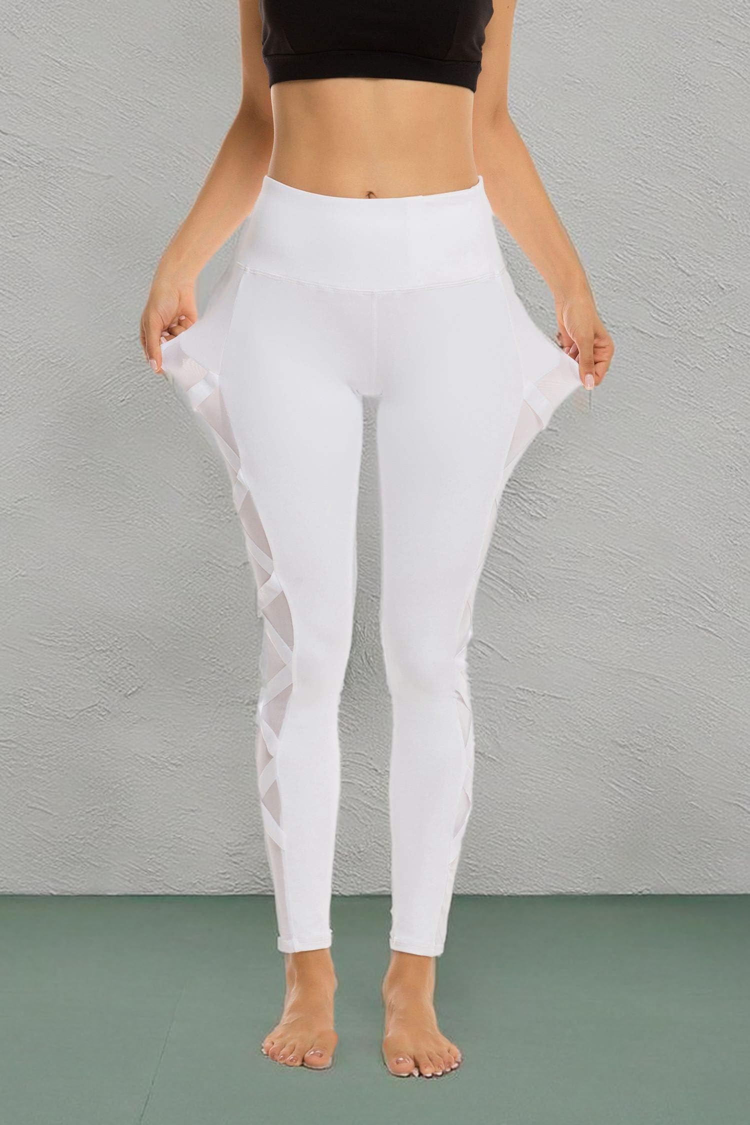 Romansong Women's High Waisted Yoga Pants with Pockets - 4-Way Stretch Tummy Control Mesh Leggings, Non See-Through Workout Capris for Gym, Running & Lounge Wear