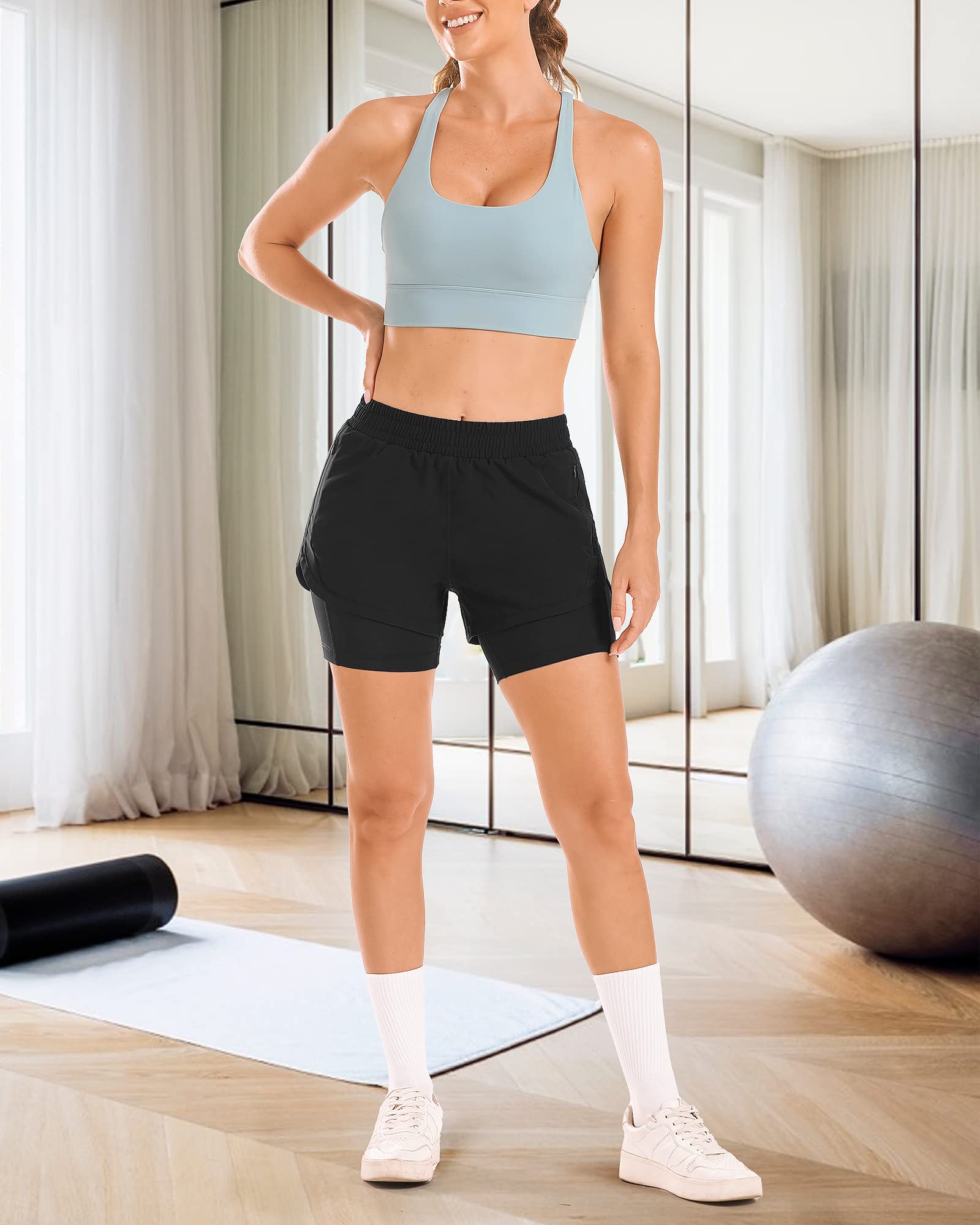 Stelle Women's 2-in-1 High Waisted Running Shorts with Liner & Zipper Pockets - Breathable Workout Shorts for Gym, Yoga, Jogging and Outdoor Activities
