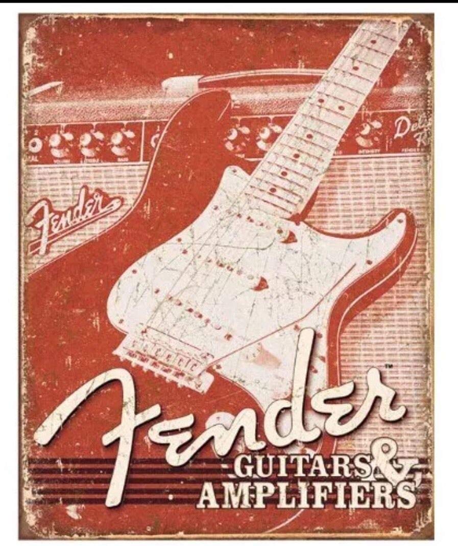 Vintage Decor Signs - Distressed Retro Metal Tin Sign for Fender Electric Guitar & Amps - Perfect for Music Room, Bar, Garage, and Man Cave Wall Art