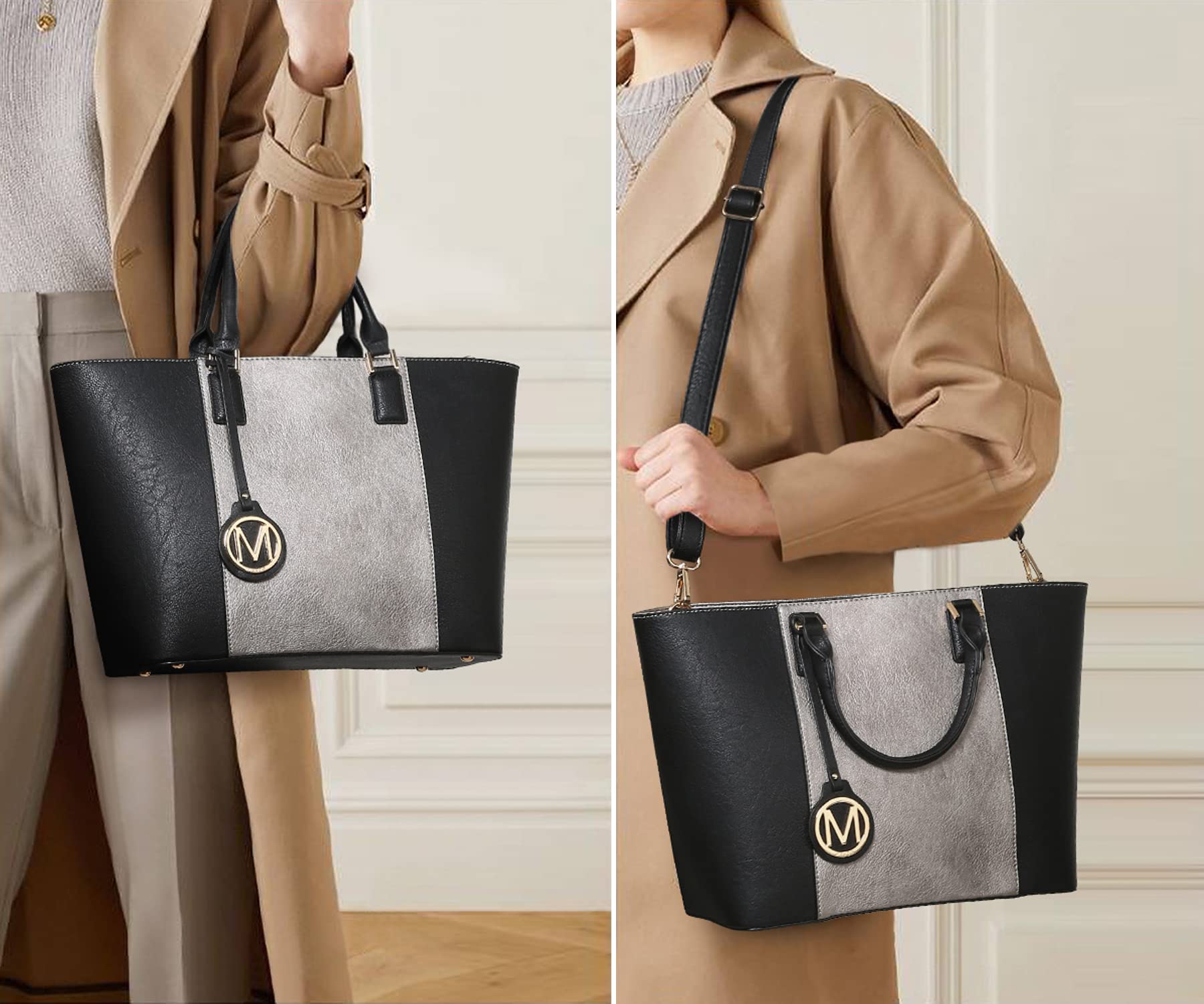 MKP Women's Two-Tone Large Tote Bag with Top Handle - Stylish Satchel Handbag Purse Set of 2 Pieces for Work, Travel & Everyday Use