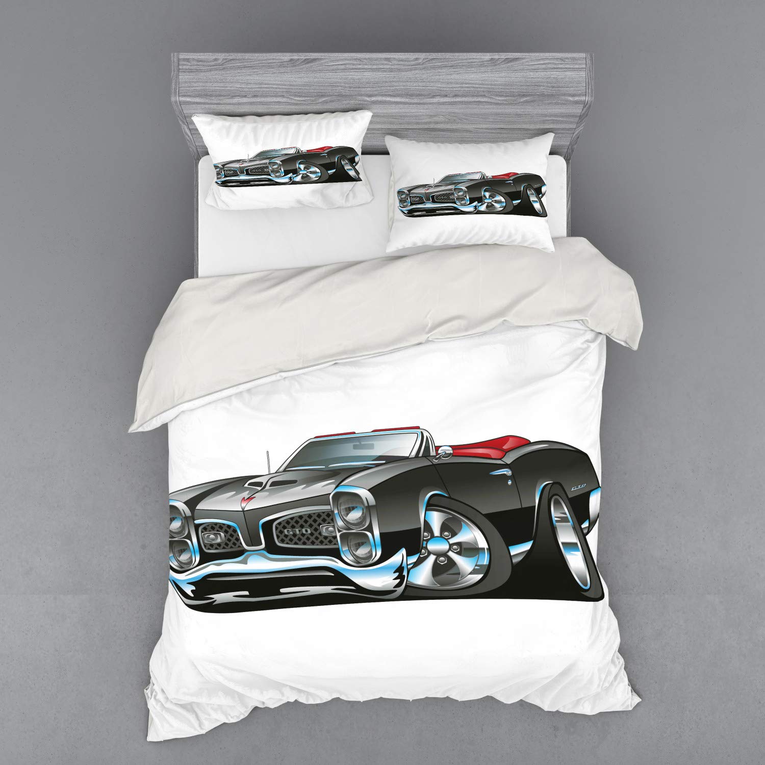 Ambesonne Vintage Muscle Car Bedding Set - 4 Piece Duvet Cover with Pillow Shams & Fitted Sheet, Queen Size, Pale Grey Blue - Classic American Sports Car Design for Boys & Teens Bedroom Decor