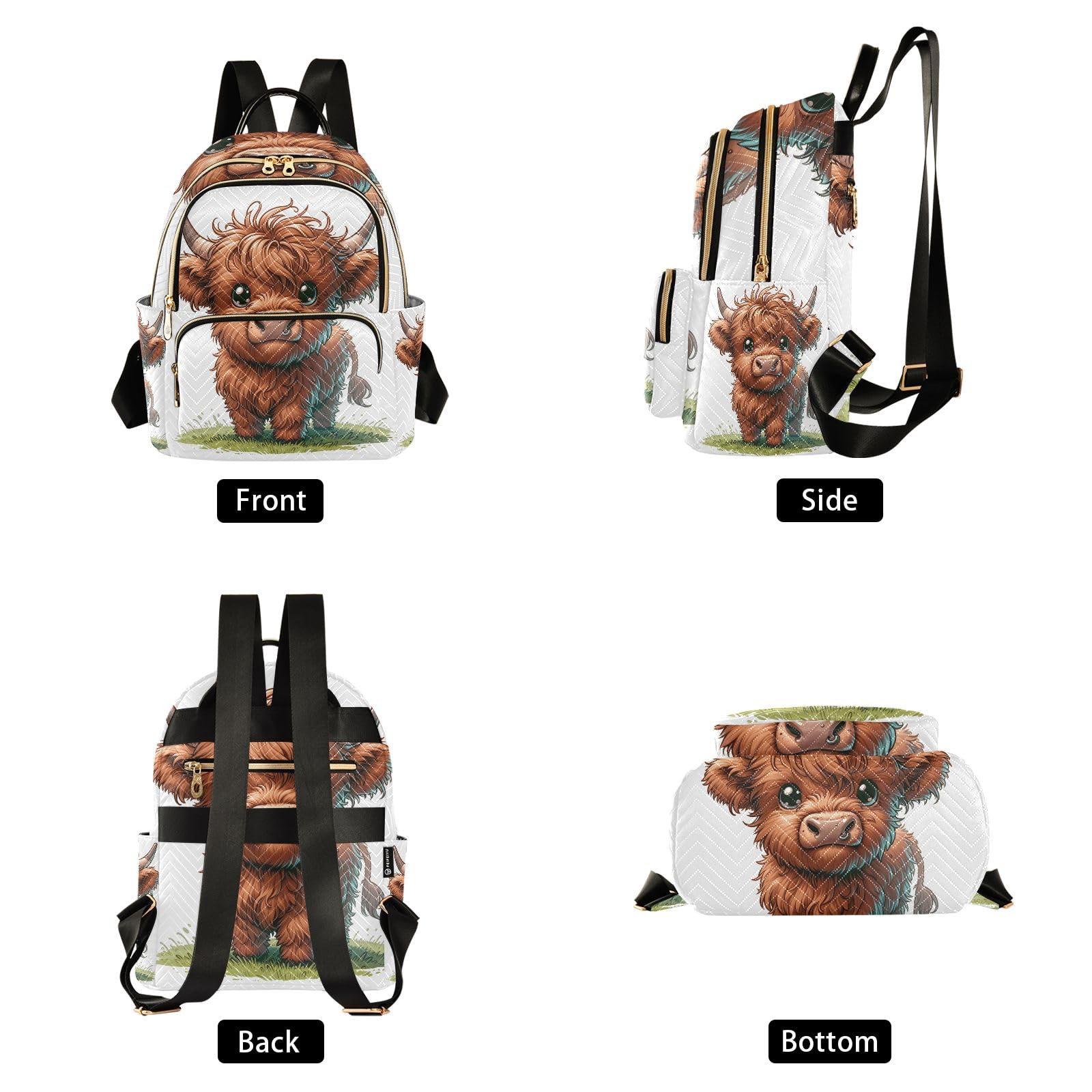ODAWA Quilted Backpack for Women - Cute Highland Cow Print on Grass, Fashionable Travel Backpack Purse with Luggage Strap - Perfect for School, Work, and Weekend Getaways