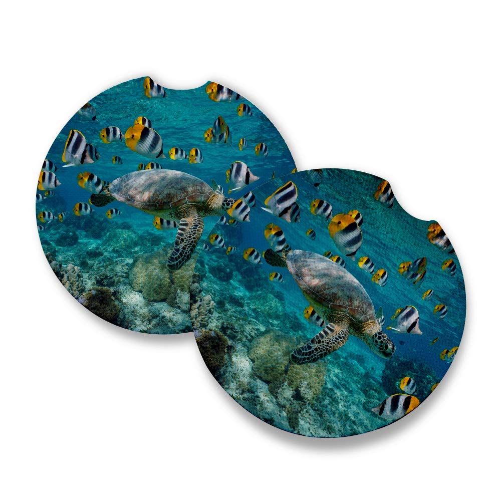 Sea Turtle & Sickle Butterflyfish Car Coasters Set of 2 - Absorbent Drink Coasters with Non-Slip Rubber Backing (2.56 Inch) - Perfect Car Accessories for Hot/Cold Beverages, Office Desk & Home Use