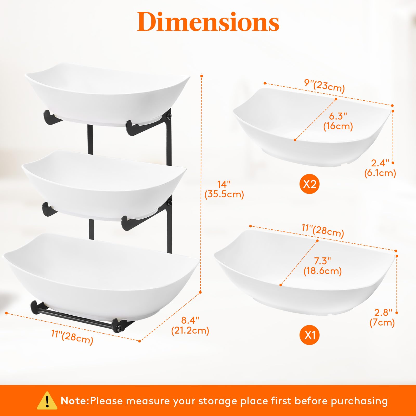 3-Tier Plastic Fruit Bowl Basket with Black Metal Stand - Kitchen Countertop Organizer for Fruits, Vegetables, Cakes & Desserts | Perfect for Party Serving, Home Decor and Dining Table Display