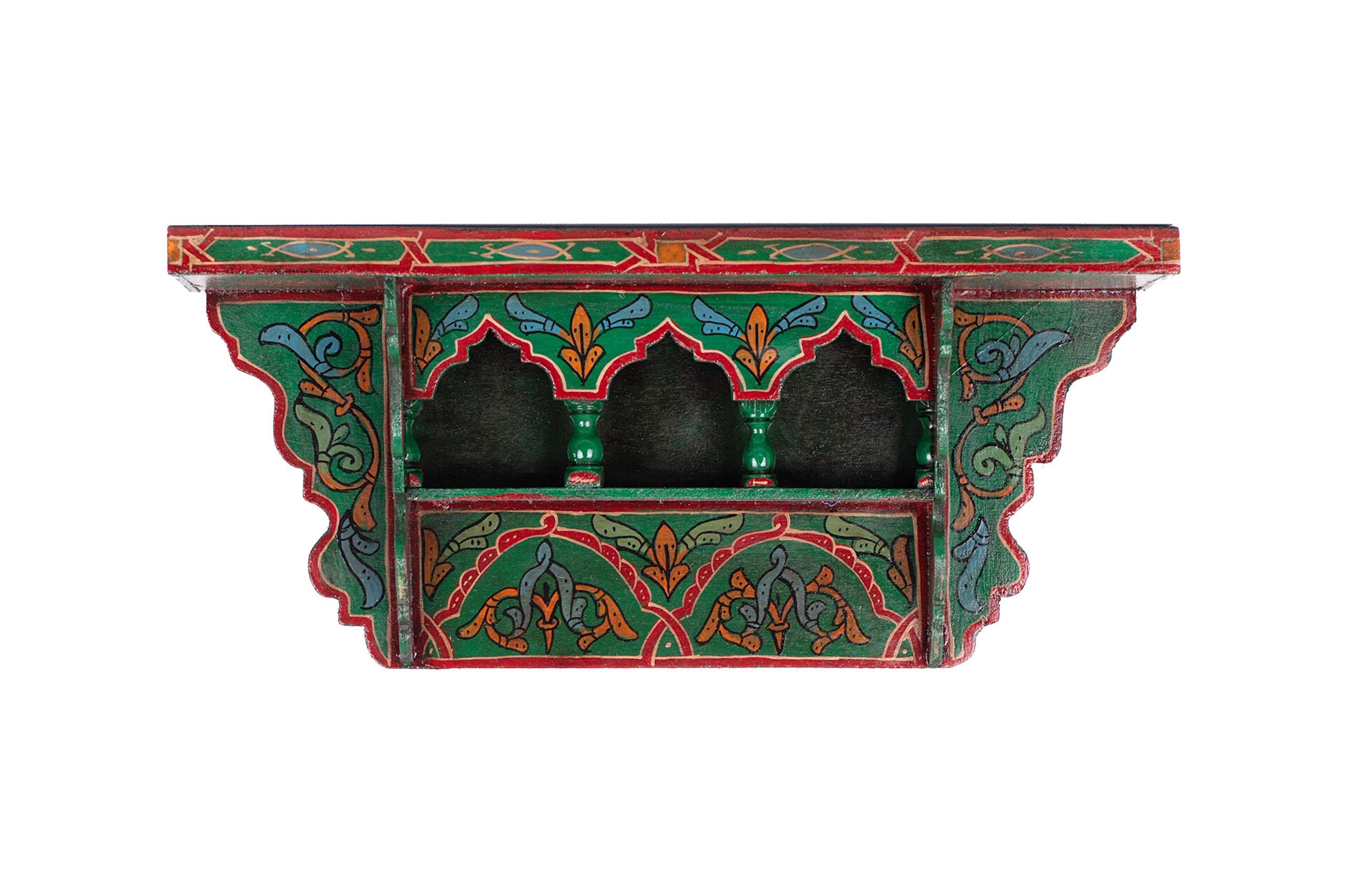 Vintage Floating Wood Spice Rack - Essential Oil Shelf, Book Display & Wall Mount Coat Hanger - Green Painted Triangle Shelf (Red Brick) for Kitchen, Bathroom & Living Room Organization