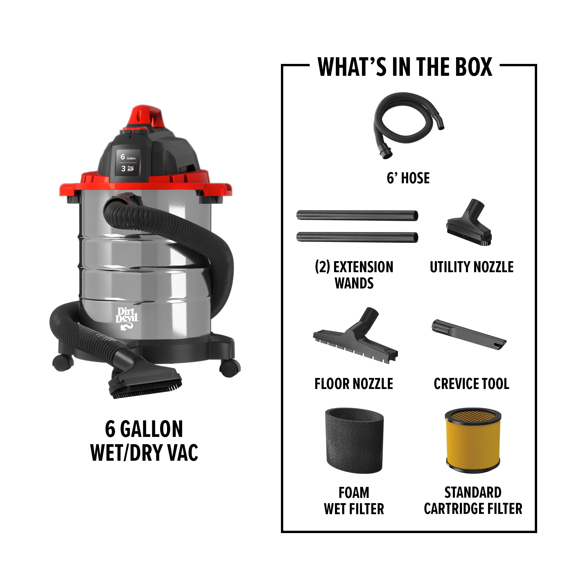 6 Gallon Wet/Dry Vacuum Cleaner - Powerful Shop Vac for Home, Garage & Car Cleaning - Ideal for Dust, Debris & Liquid Spills