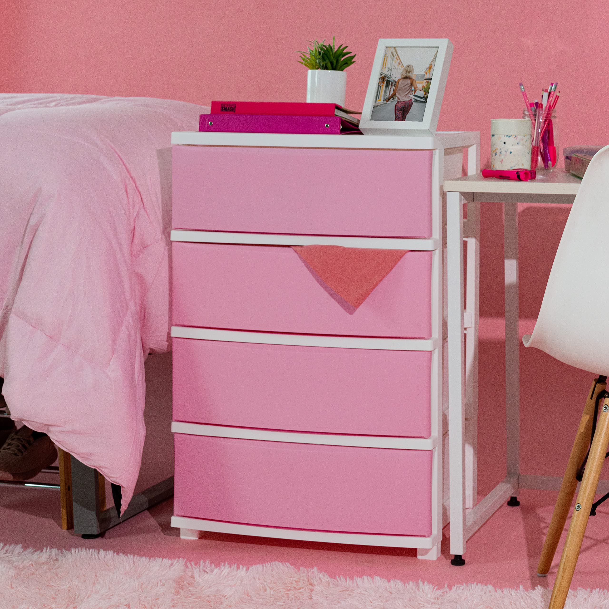 IRIS USA 4-Drawer Plastic Storage Organizer - White Frame with Matte Pink Front Panels for Classroom, Bathroom, Dorm, Bedroom & Laundry Room - Perfect for Art Supplies, Clothes & Home Organization