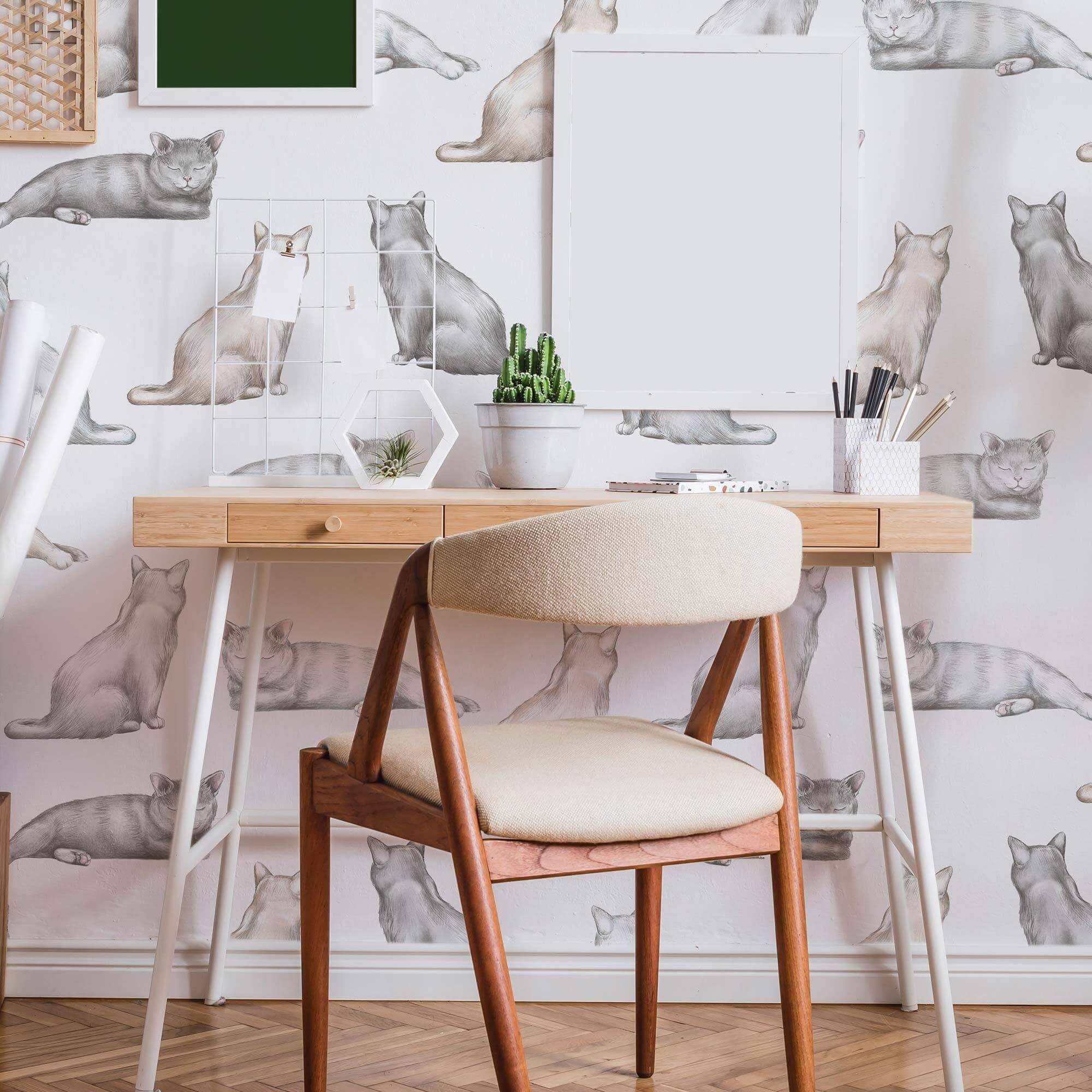 Grey Cat Peel and Stick Removable Wallpaper - Self-Adhesive Decorative Wall Covering for Bedroom, Nursery, or Office Decor