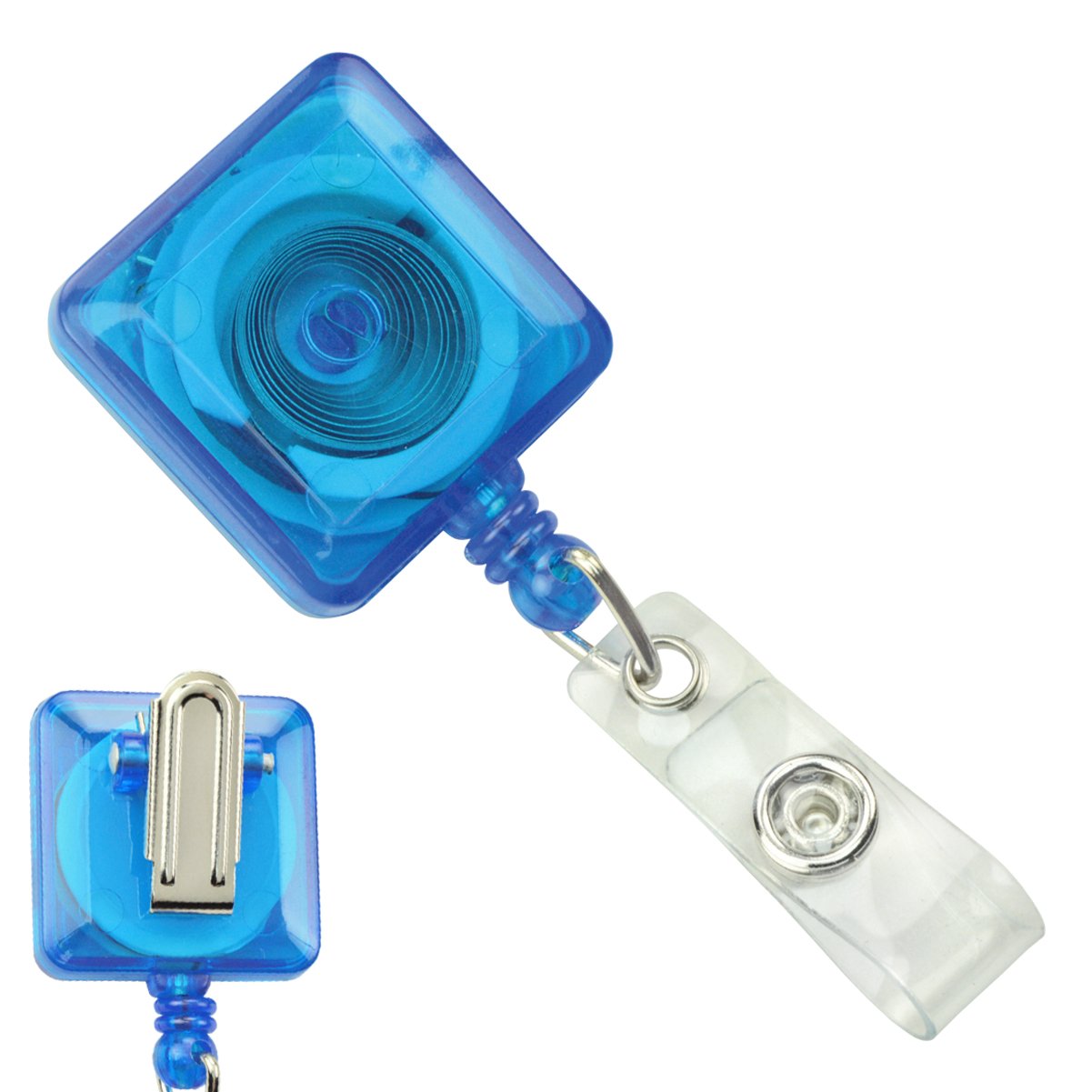 100 Pack Retractable Square Badge Reel with Pinch Clip (Non-Swivel) - Heavy Duty Nylon Cord & Clear Vinyl Strap Card Holder by Specialist ID (Translucent Blue) - Ideal for Hospitals, Schools, Offices & Events