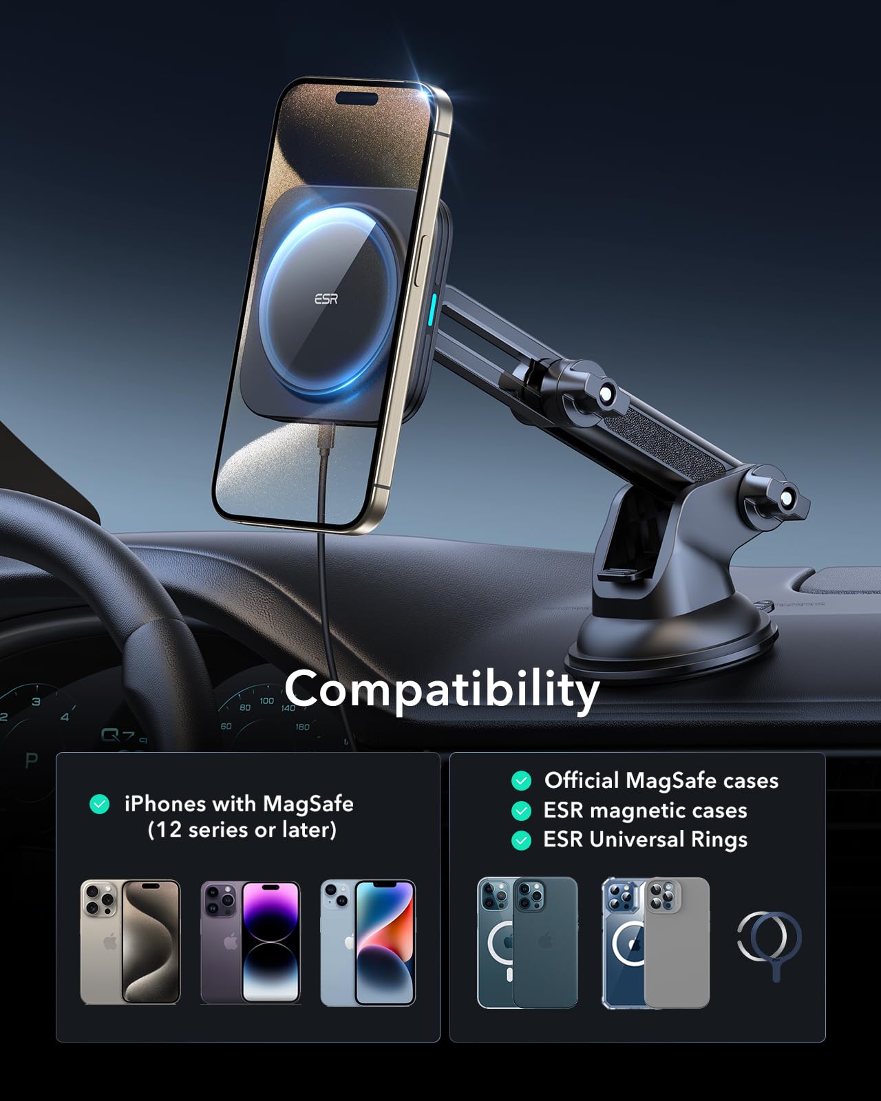 ESR Qi2 15W MagSafe Car Charger - Qi2 Certified Wireless Magnetic Car Phone Holder for iPhone 16/15/14/13/12 - Fast Charging Dashboard Mount for Safe Driving & Hands-Free Navigation