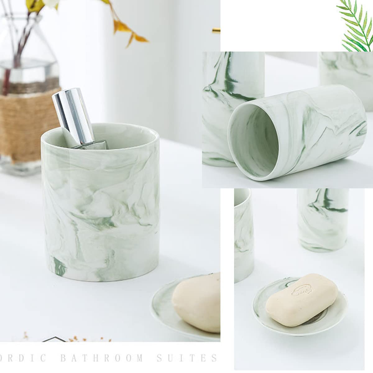 Marble Bathroom Set - Ceramic Soap Dish, Lotion Cup & Brush Holder for Vanity Sink (Green/Gray) | Home Decor
