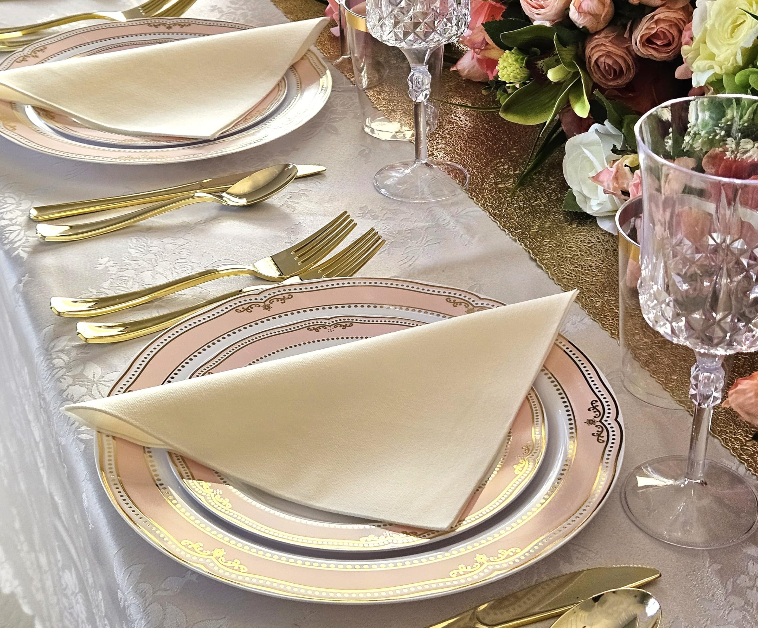 120-Piece Disposable Plastic Plates & Bowls Set - 12oz Scalloped Soup Bowls in White, Blush & Gold for Weddings, Parties & Events - Perfect for Catering, Buffets & Special Occasions