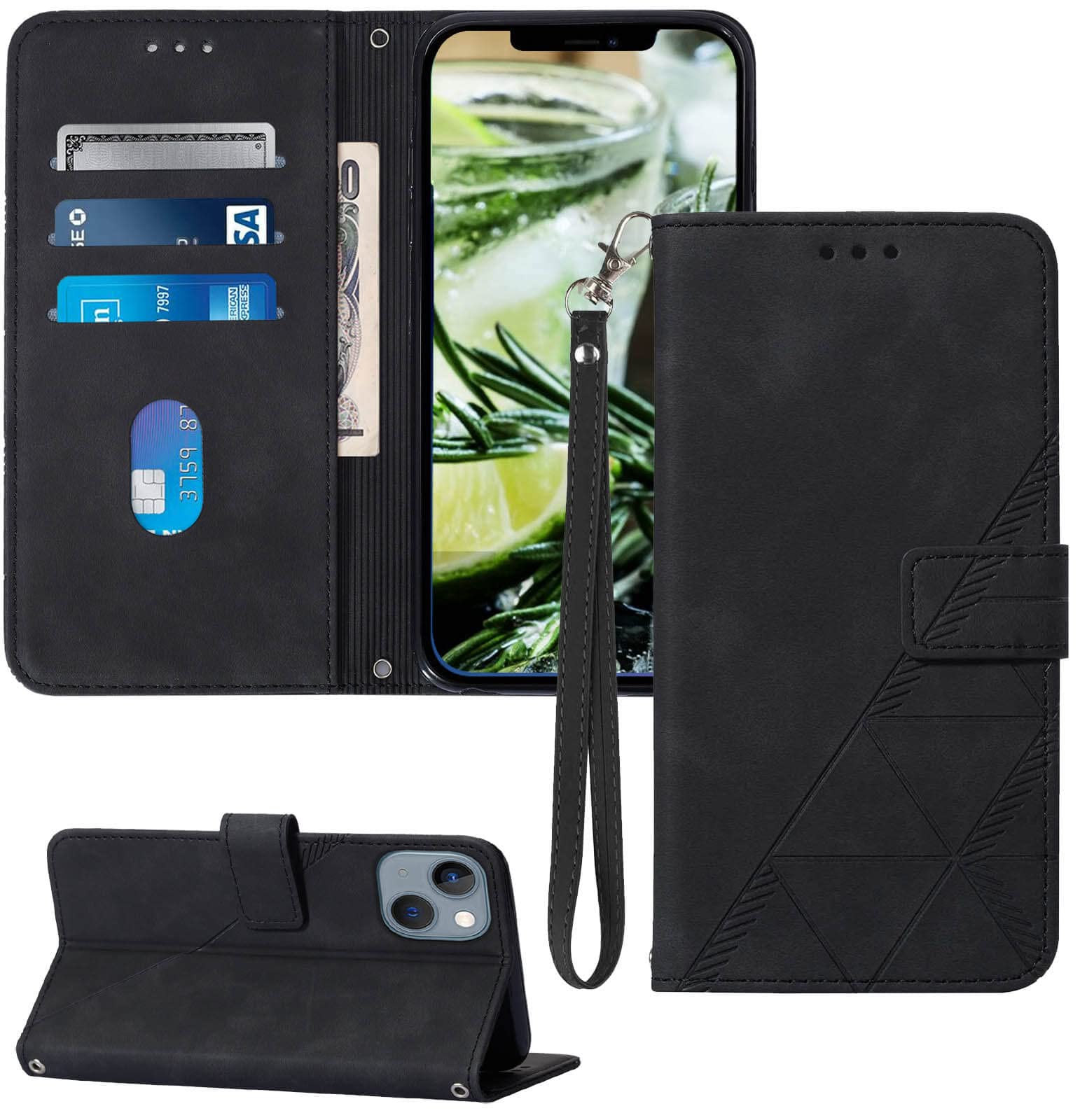 iPhone 13/14 Wallet Case with Card Slots & Wrist Strap - PU Leather Folio Cover for Work & Travel