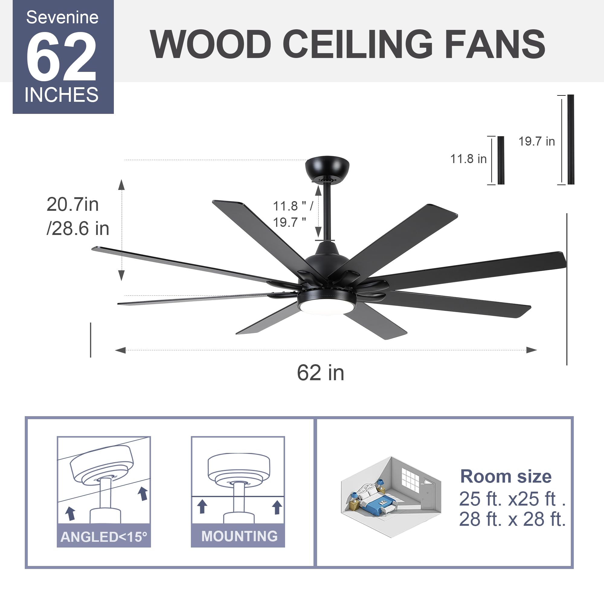 Sevenine 62 Inch Ceiling Fan with Lights and Remote Control - 8 Black Wood Blades, 6-Speed Reversible DC Motor, 3-Color Dimmable LED Light - Ideal for Living Room, Bedroom, Patio, Farmhouse, and Indoor Great Rooms