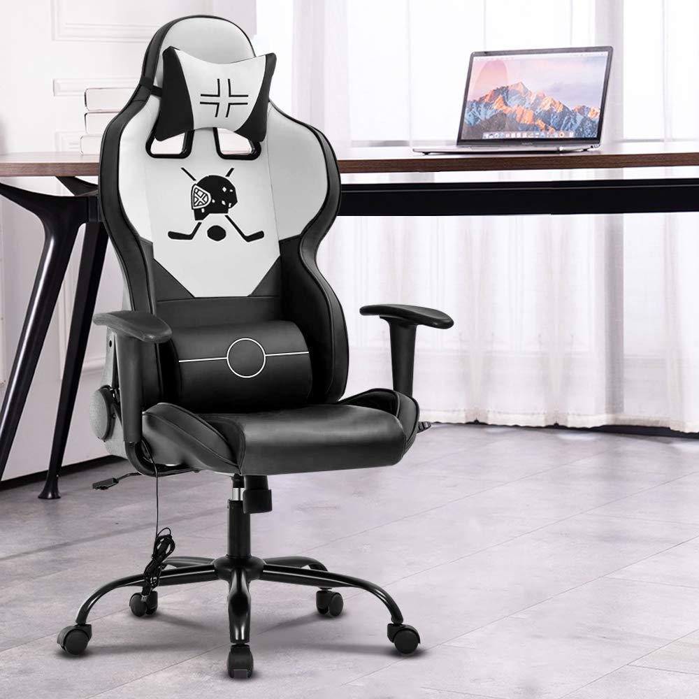 Ergonomic Gaming Chair with Lumbar Support & Adjustable Height - PU Leather High Back Office Computer Chair for Home & Racing - White | Perfect for Long Gaming Sessions, Work from Home & PC Gaming Setup