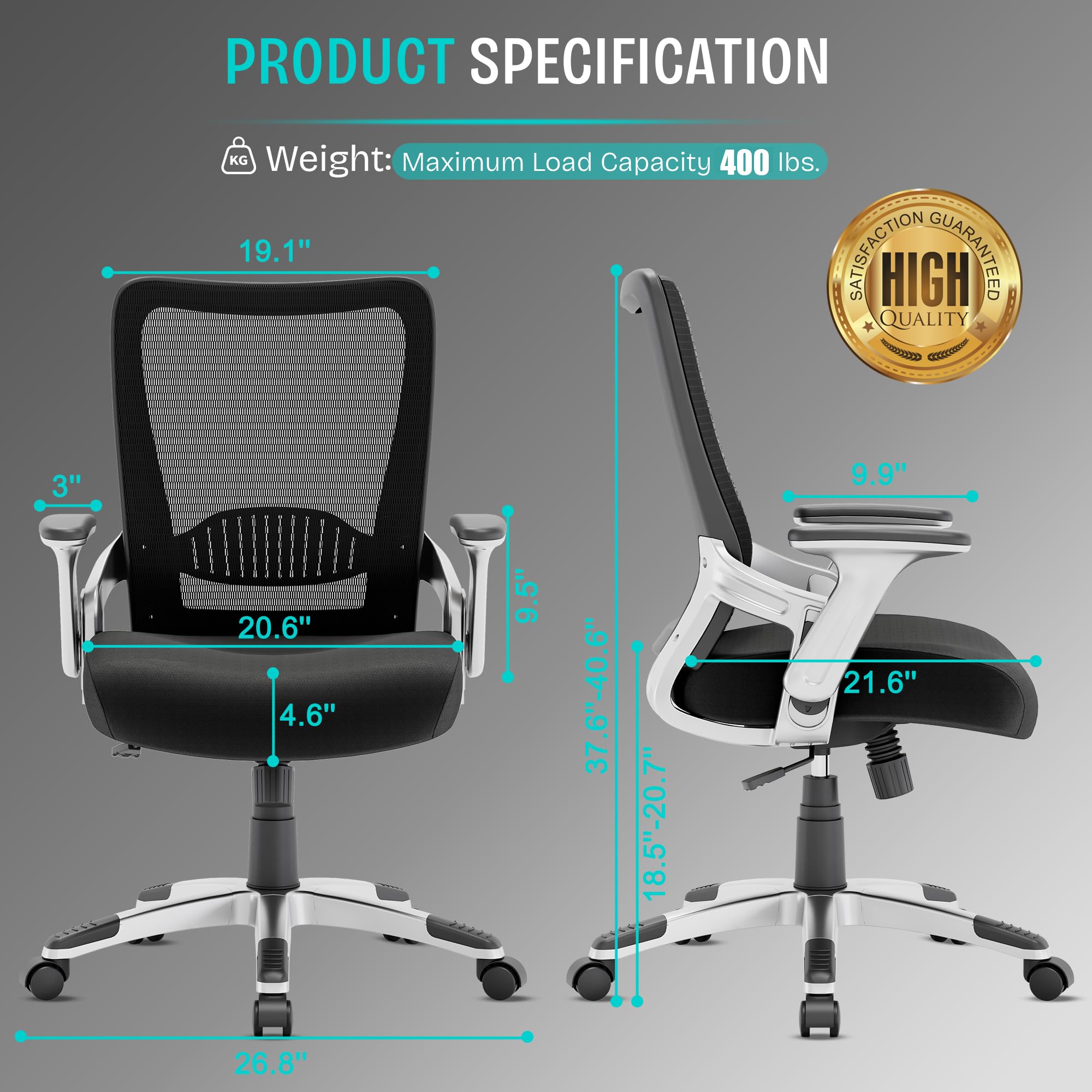 SUNNOW Ergonomic Office Chair - Adjustable Lumbar Support Mesh Computer Desk Chair with Flip-up Arms & Tilt Function - Wide Seat Executive Task Chair for Home Office - Perfect for Long Work Hours & Video Conferencing (Black)