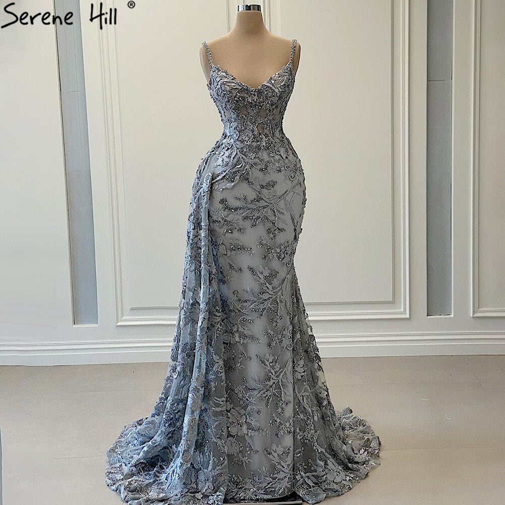 Serene Hill Grey Mermaid Evening Dress 2025 | Handmade Floral Beaded Sleeveless Formal Gown HM67181 | Perfect for Prom, Cocktail Parties & Special Occasions