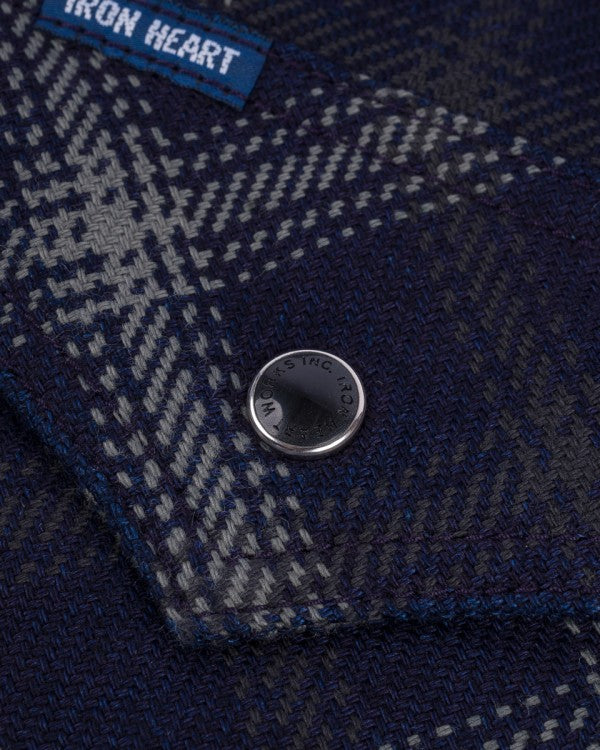 Iron Heart IHSH 411 9oz Selvedge Indigo Check Flannel Western Shirt for Men - Black Plaid Workwear Shirt for Casual & Outdoor Wear