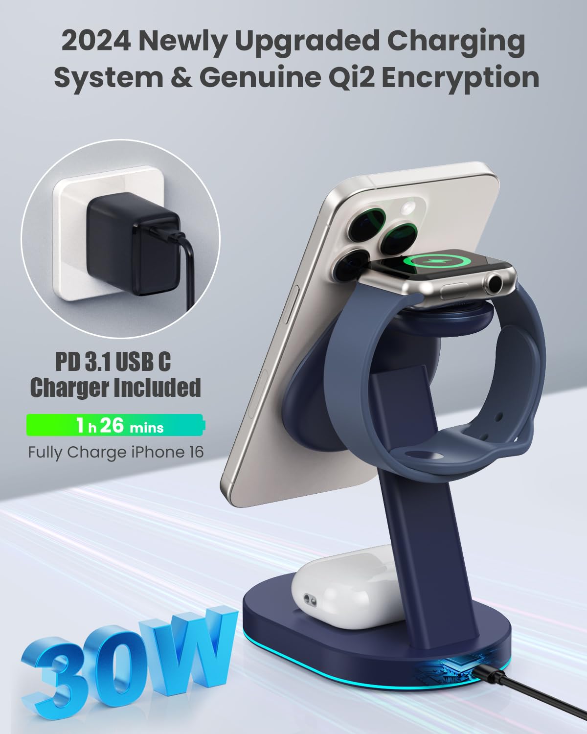 3-in-1 Wireless Charging Station with Qi2 Certified 15W Magnetic Stand - Fast Charger for iPhone 16/15/14/13/12, Apple Watch & AirPods - Includes 30W USB-C Adapter & Night Light - Perfect for Bedside, Office & Travel Charging