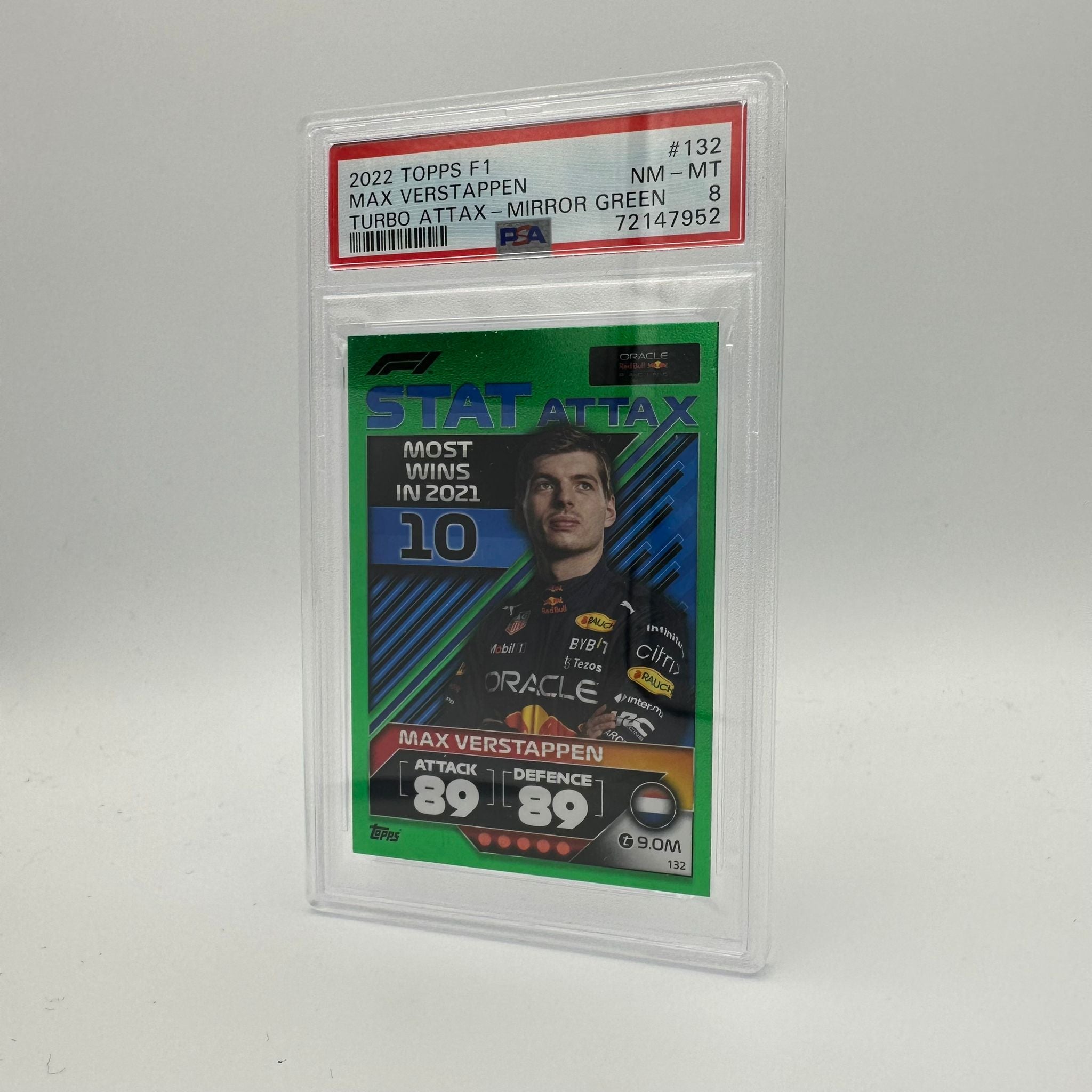 PSA 8 Graded Max Verstappen #132 332/500 Stat Attax Mirror Green Trading Card - Perfect for F1 Collectors, Sports Memorabilia Displays & Investment Collections