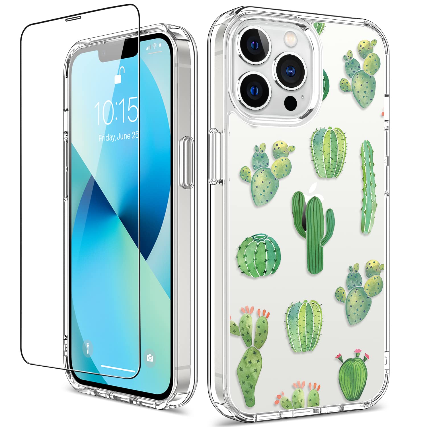 GiiKa iPhone 13 Pro Max Case with Screen Protector - 6.7 Inch Clear Shockproof Floral Design Hard Case with TPU Bumper Cover for Women (Green Cactus) | Perfect for Everyday Protection & Style Enhancement