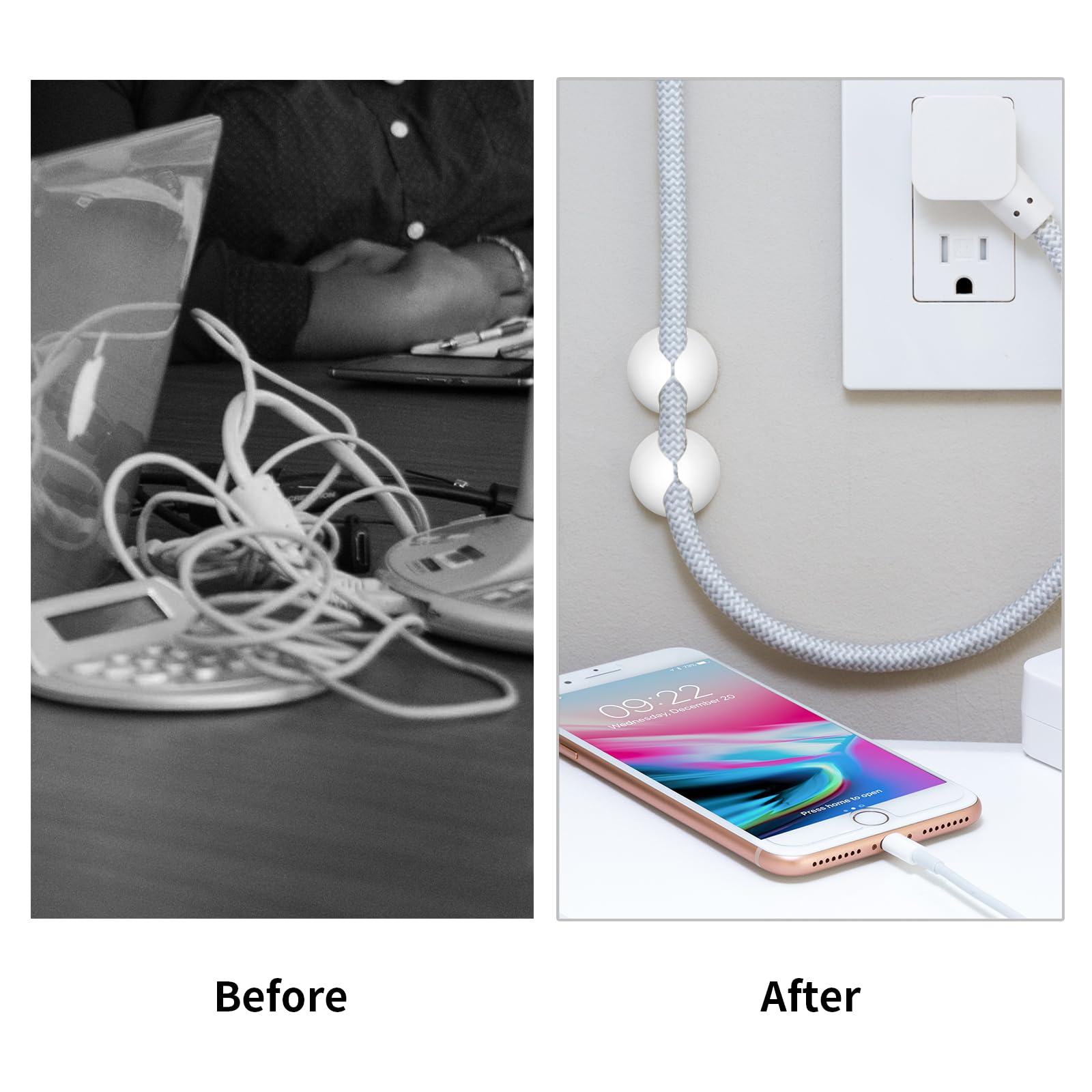 12PCS White Adhesive Cable Clips - Cord Organizer & Wire Management Keeper for Chargers, Phones, Laptops - Perfect for Nightstand, Desk, Office, Mouse & Home Organization