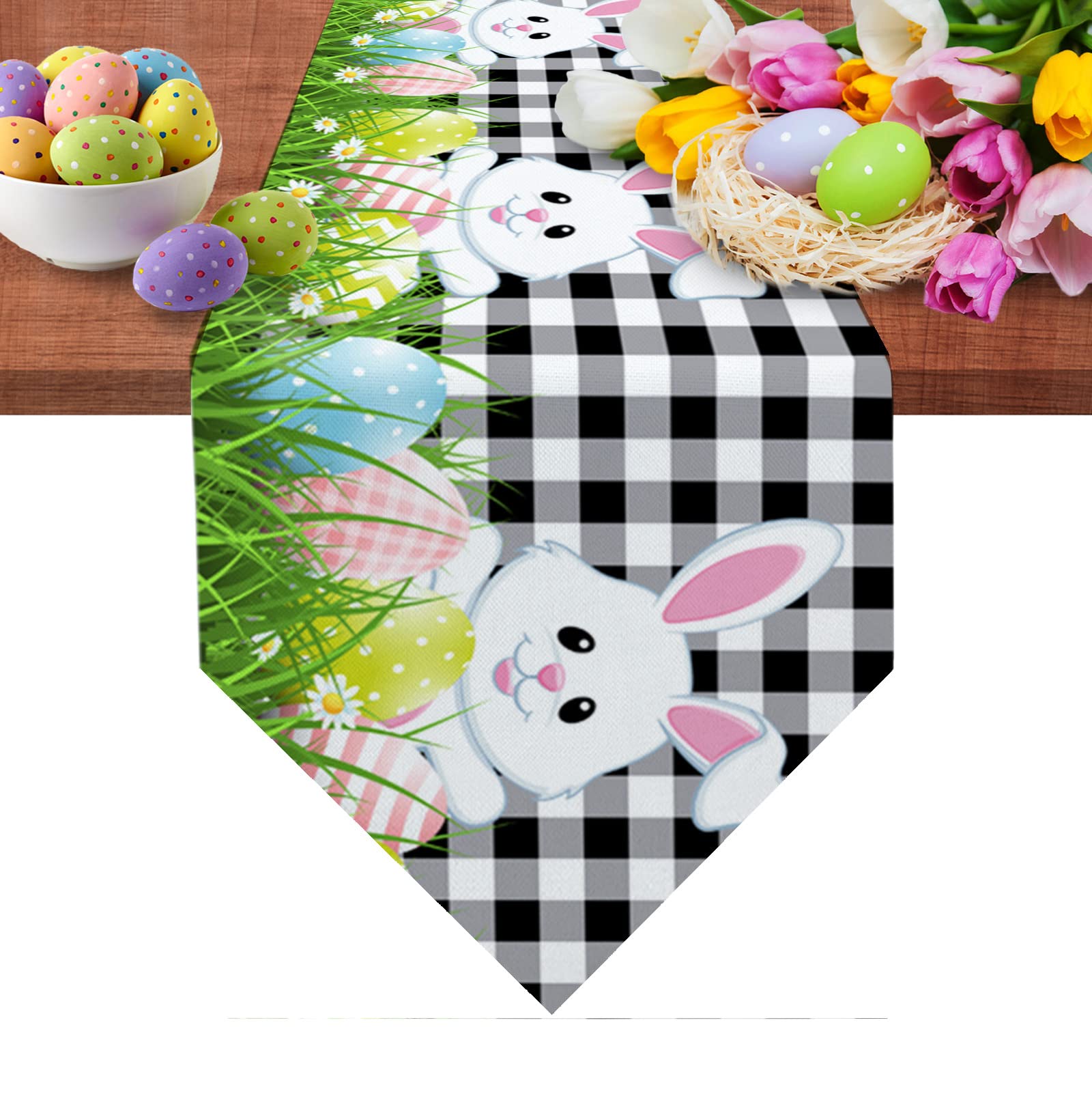 Easter Table Runner - 16x72 Inch Black Buffalo Plaid Check Decorative Tablecloth for Spring Dinner, Kitchen & Dining Room Decor | Bunny & Easter Eggs Design | Perfect for Easter Party, Holiday Gatherings & Home Decor