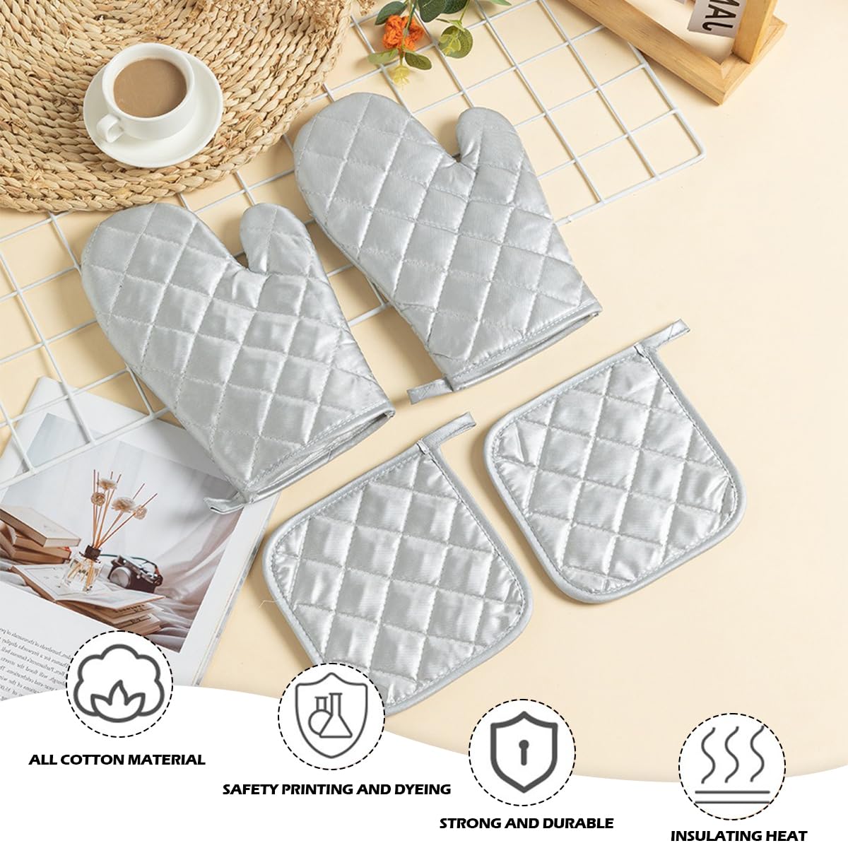 4Pcs Heat Resistant Oven Mitts & Pot Holders Set - Cotton Kitchen Gloves for Baking, Cooking, BBQ & Microwave Use - Silver Adult Size for Safe Food Handling & Hot Dish Protection