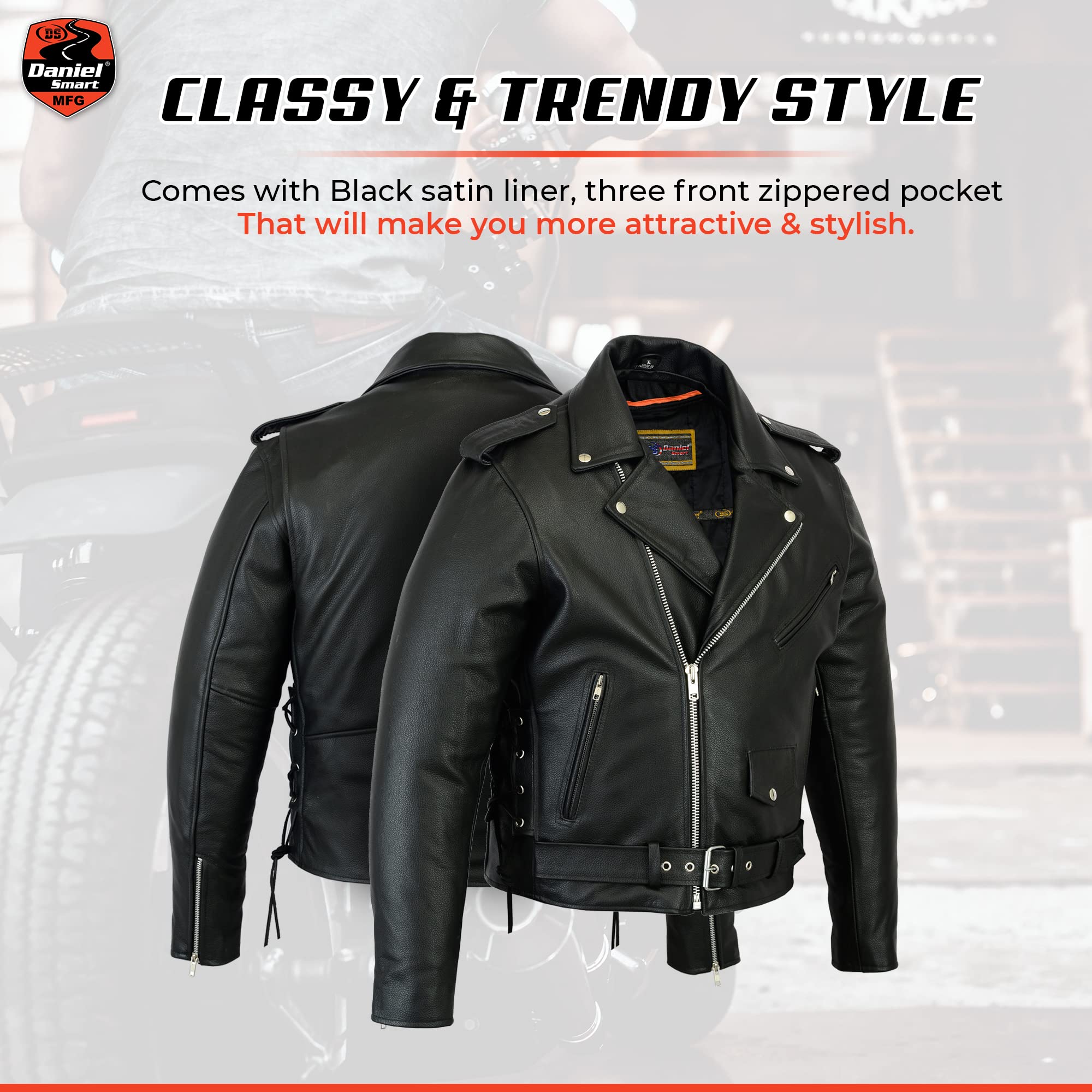 Daniel Smart Classic Men's Leather Motorcycle Jacket - Side Laces Design & Hidden Armory Pockets | Durable Biker Jacket for Riding, Casual Wear & Outdoor Adventures