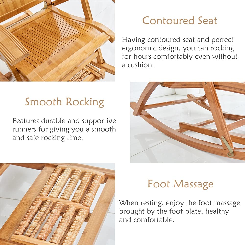 Premium Bamboo Rocking Chair for Adults - Heavy Duty 330Lbs Capacity, Padded Cushion, Foldable & Reclining - Outdoor Lounge Chair for Garden, Porch, Balcony & Patio Relaxation (Blue)
