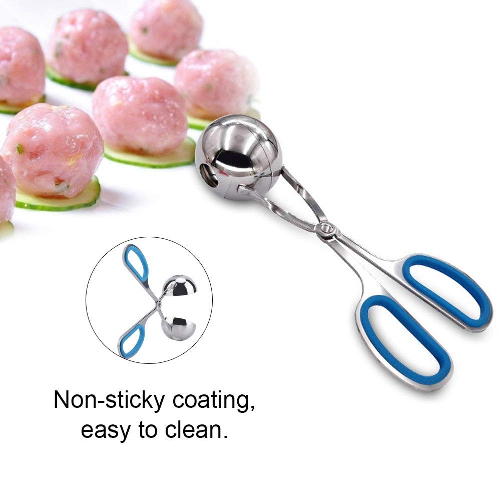 Non-Stick Stainless Steel Meatball Scoop & Ice Tongs - Rice Ball Maker, Cookie Scoop with Anti-Slip Rubber Handle (Blue) - Perfect for Cooking, Baking, and Ice Serving