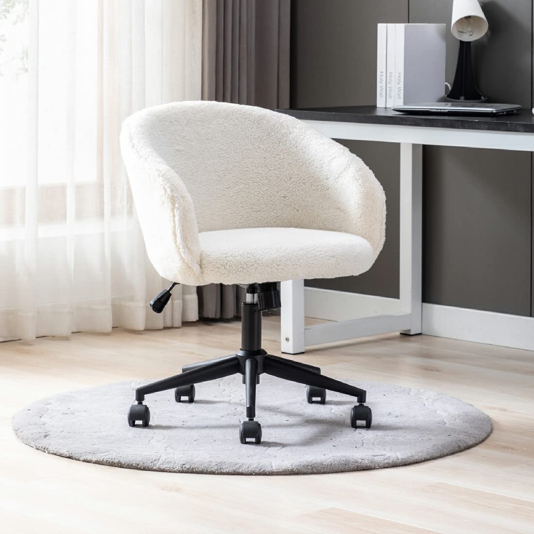 Ergonomic Home Office Task Chair with Adjustable Arms & Wheels - Modern Computer Desk Chair with Black Base for Study, Living Room & Vanity Makeup (White) - Perfect for Remote Work, Gaming & Beauty Stations