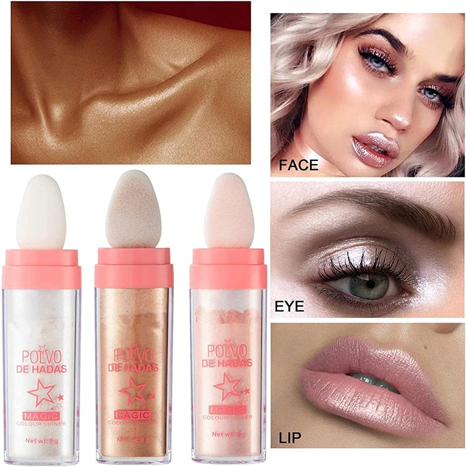 Fairy Highlighter Shimmering Powder - Waterproof Long Lasting Body & Face Highlighter for Cheeks, Shoulders, Legs - Magic Shimmer Makeup for Parties, Festivals & Special Occasions (3 Colors)