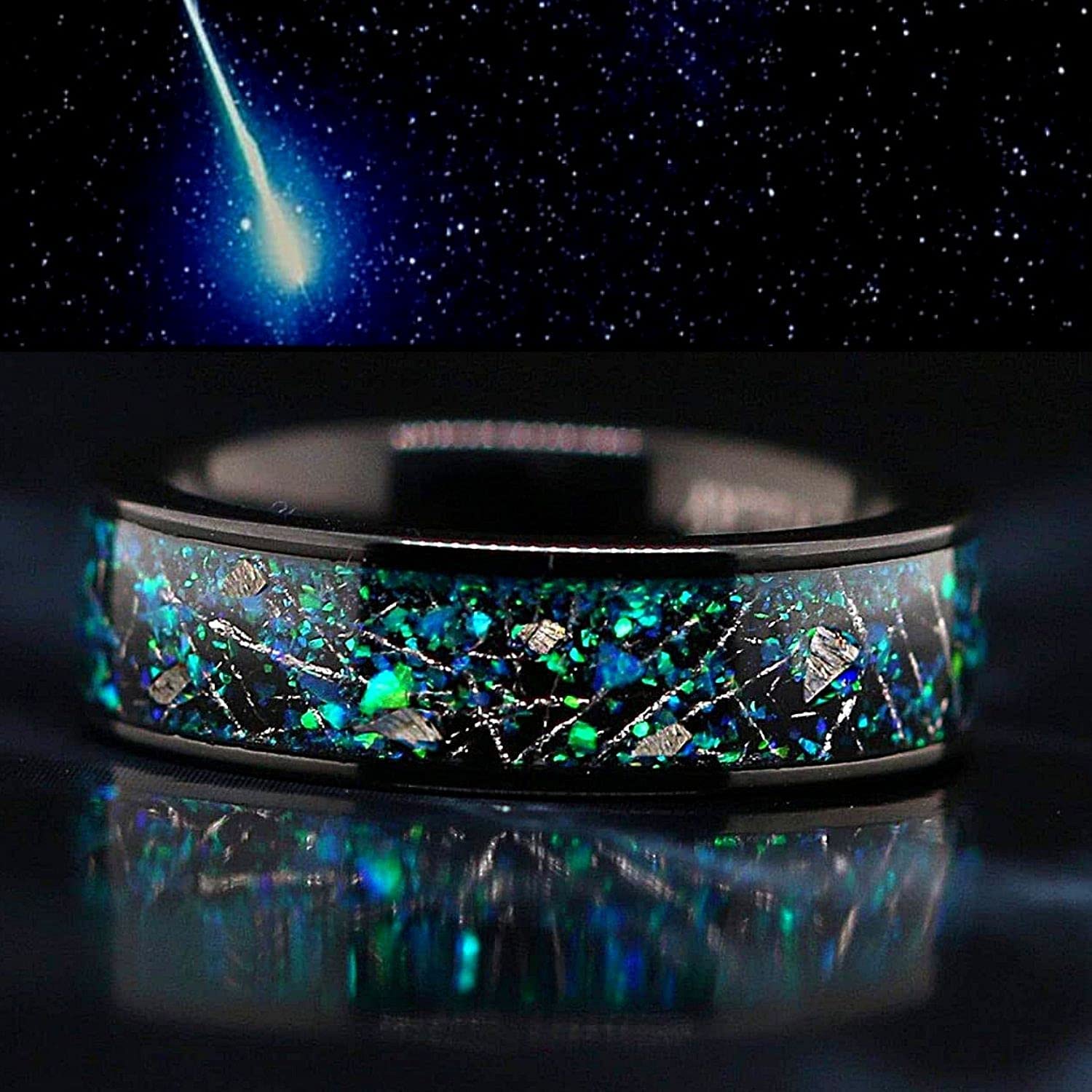 Unisex Black Opal Ring with Genuine Meteorite Inlay - Fire Opal Wedding Band for Men & Women - Blue Opal Jewelry for Everyday Wear & Special Occasions